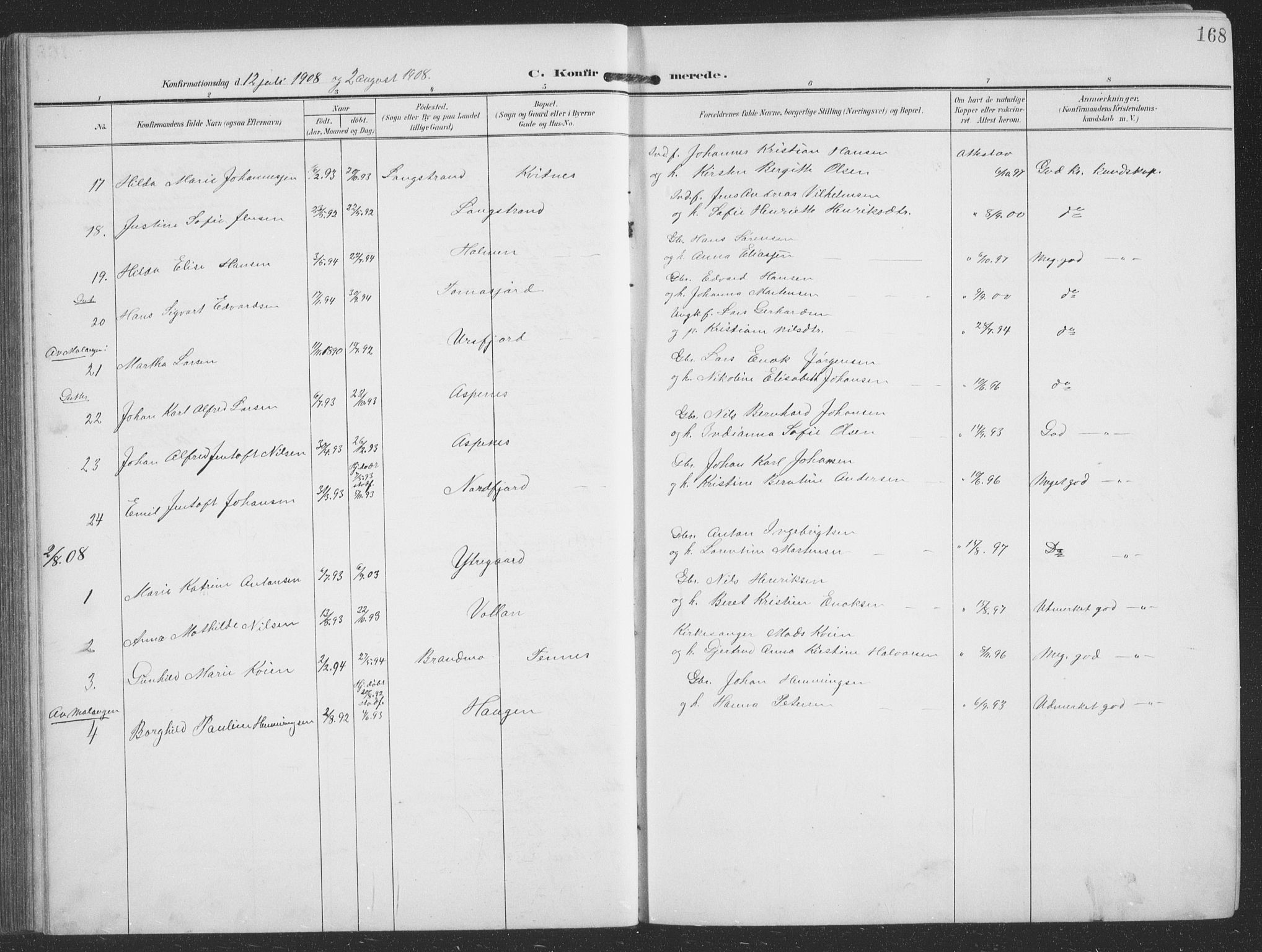 Balsfjord sokneprestembete, SATØ/S-1303/G/Ga/L0009klokker: Parish register (copy) no. 9, 1906-1920, p. 168