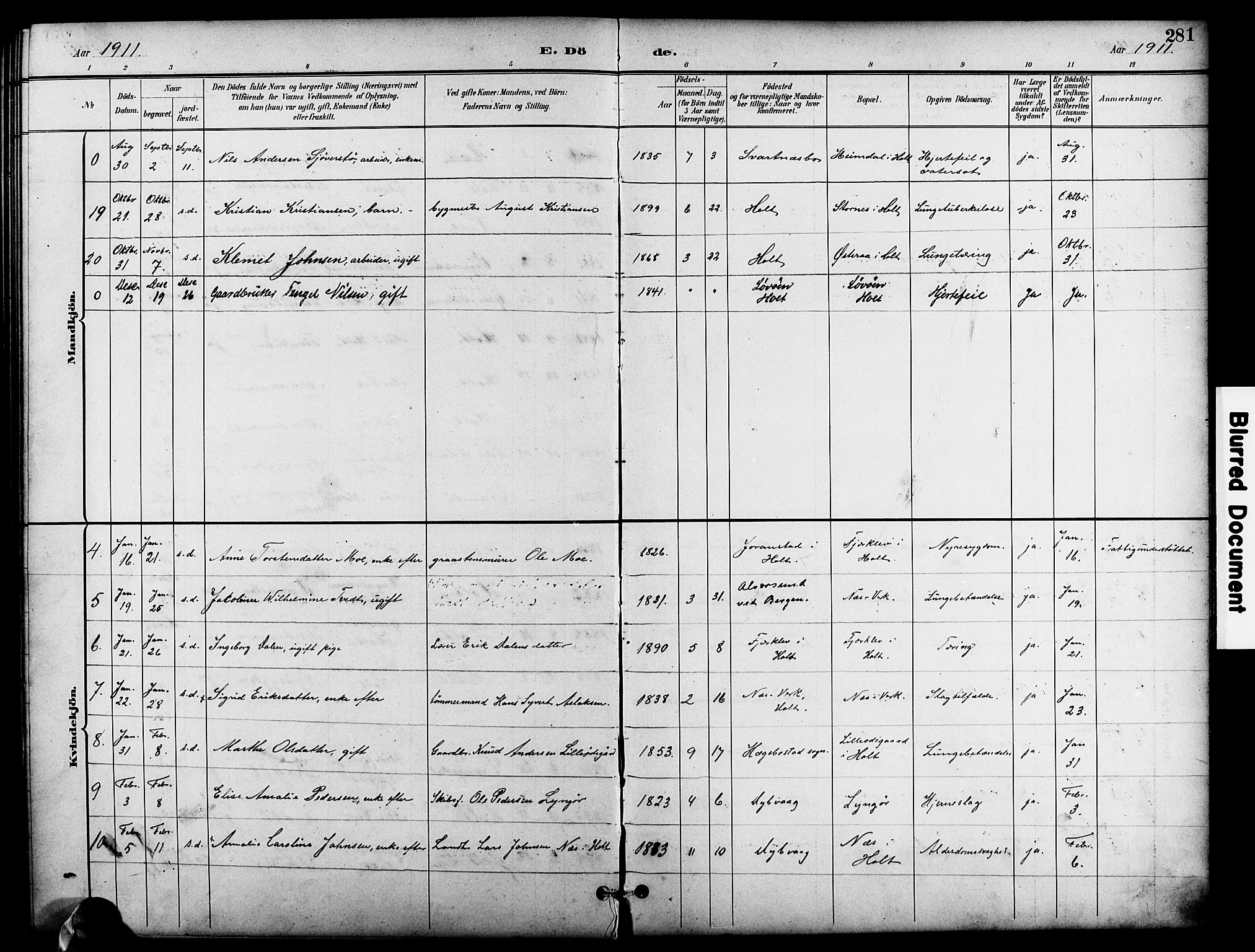 Holt sokneprestkontor, SAK/1111-0021/F/Fb/L0011: Parish register (copy) no. B 11, 1897-1921, p. 281