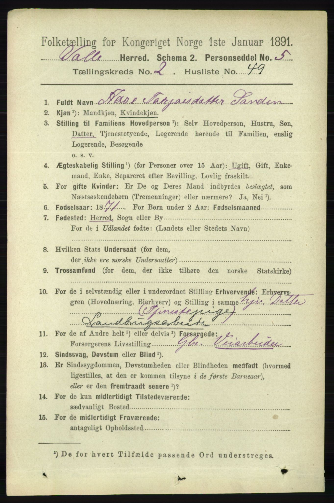 RA, 1891 census for 0940 Valle, 1891, p. 627