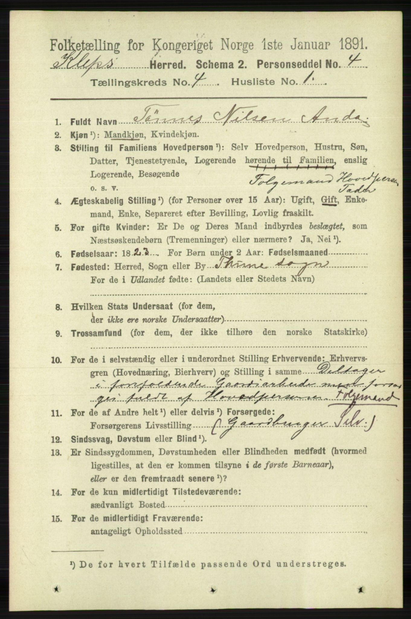 RA, 1891 census for 1120 Klepp, 1891, p. 952