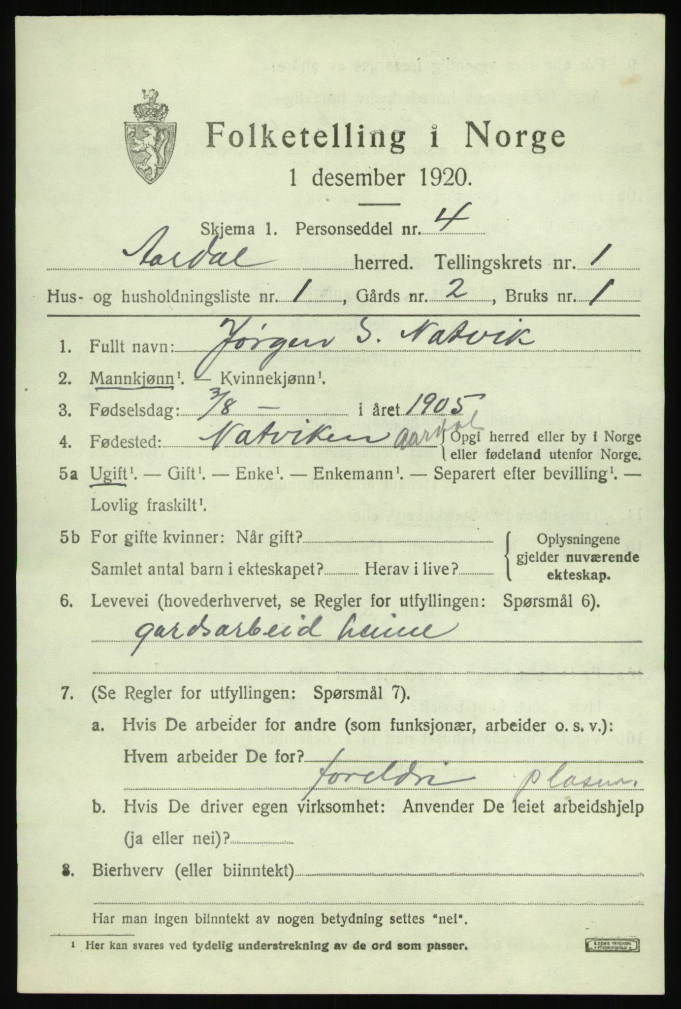 SAB, 1920 census for Årdal, 1920, p. 509