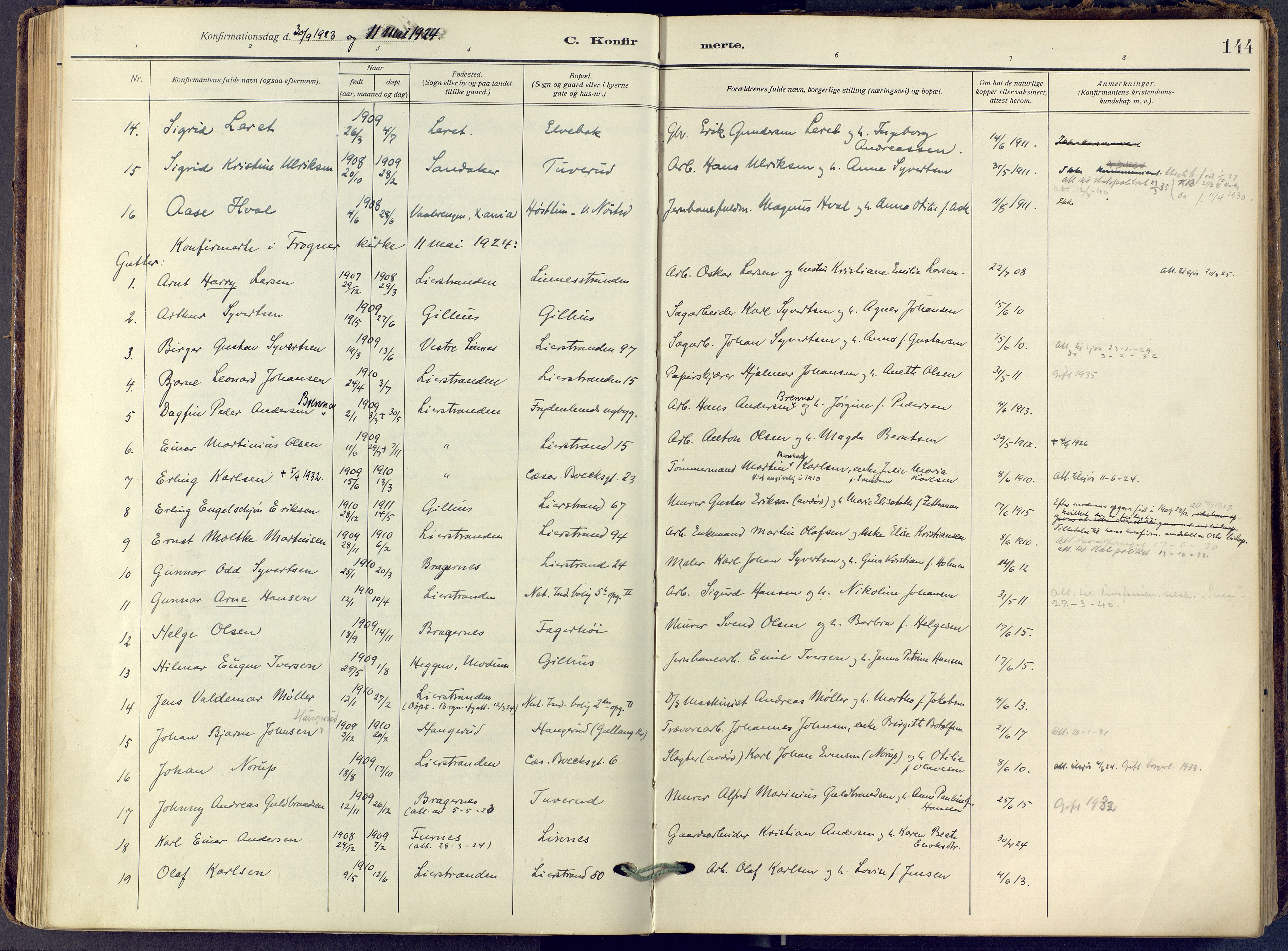 Lier kirkebøker, SAKO/A-230/F/Fa/L0019: Parish register (official) no. I 19, 1918-1928, p. 144