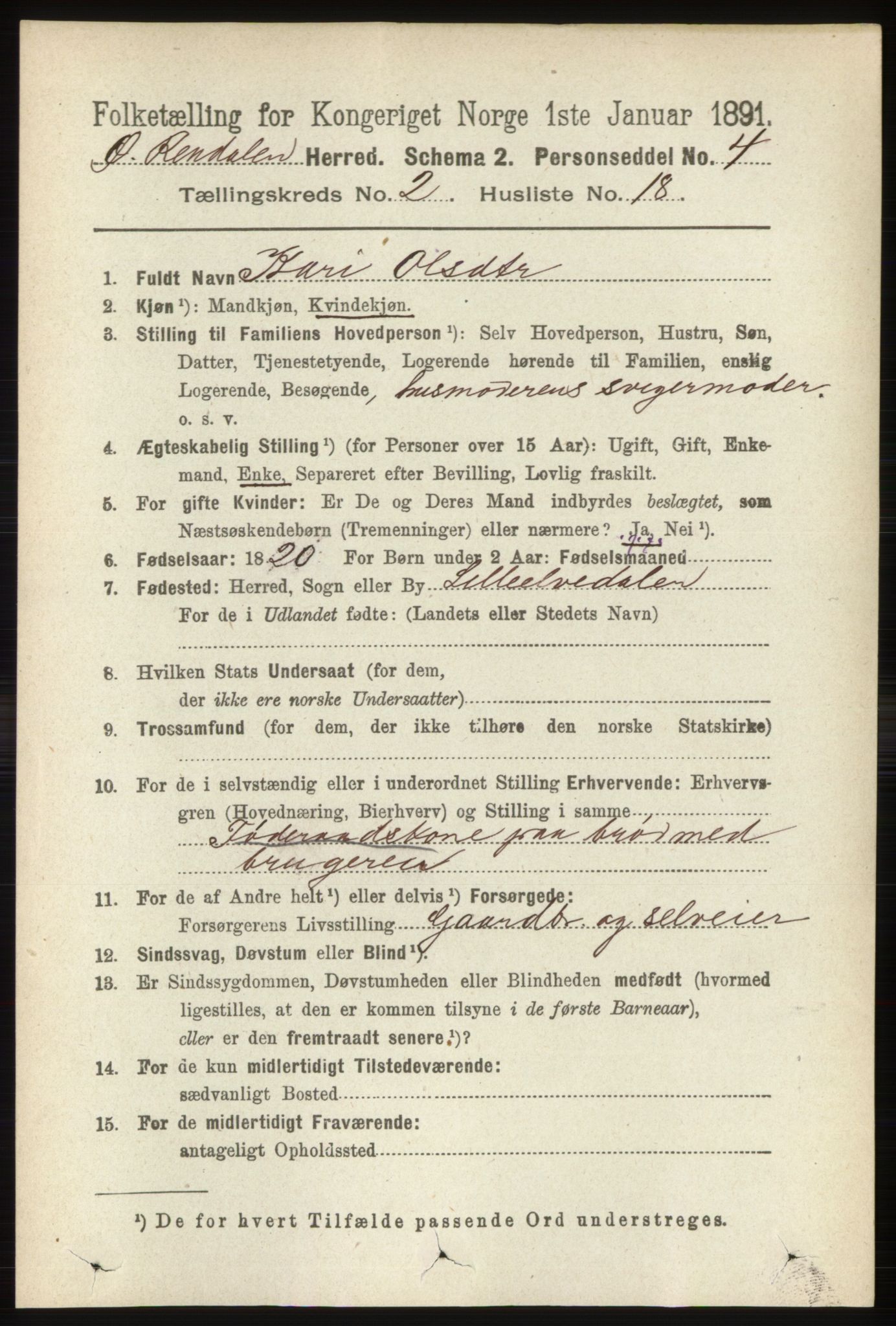 RA, 1891 census for 0433 Øvre Rendal, 1891, p. 501