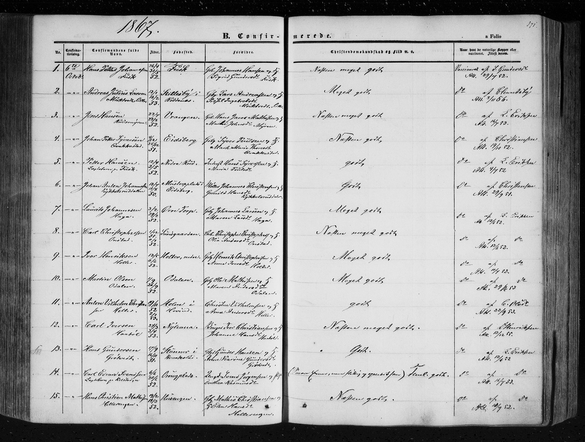 Askim prestekontor Kirkebøker, AV/SAO-A-10900/F/Fa/L0005: Parish register (official) no. 5, 1847-1879, p. 171