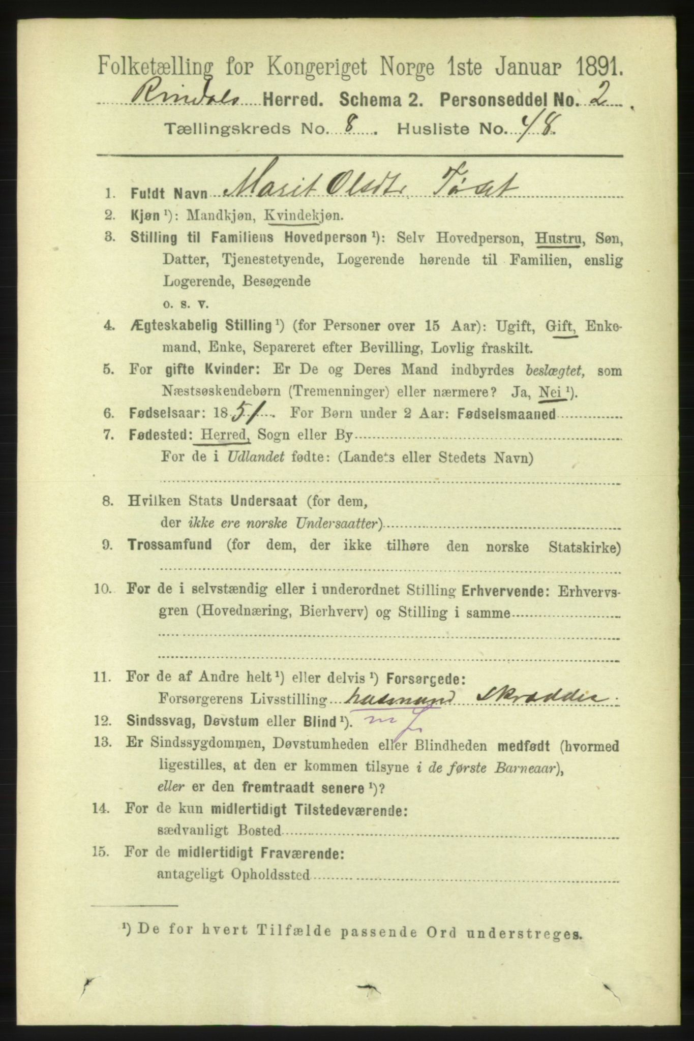 RA, 1891 census for 1567 Rindal, 1891, p. 2805