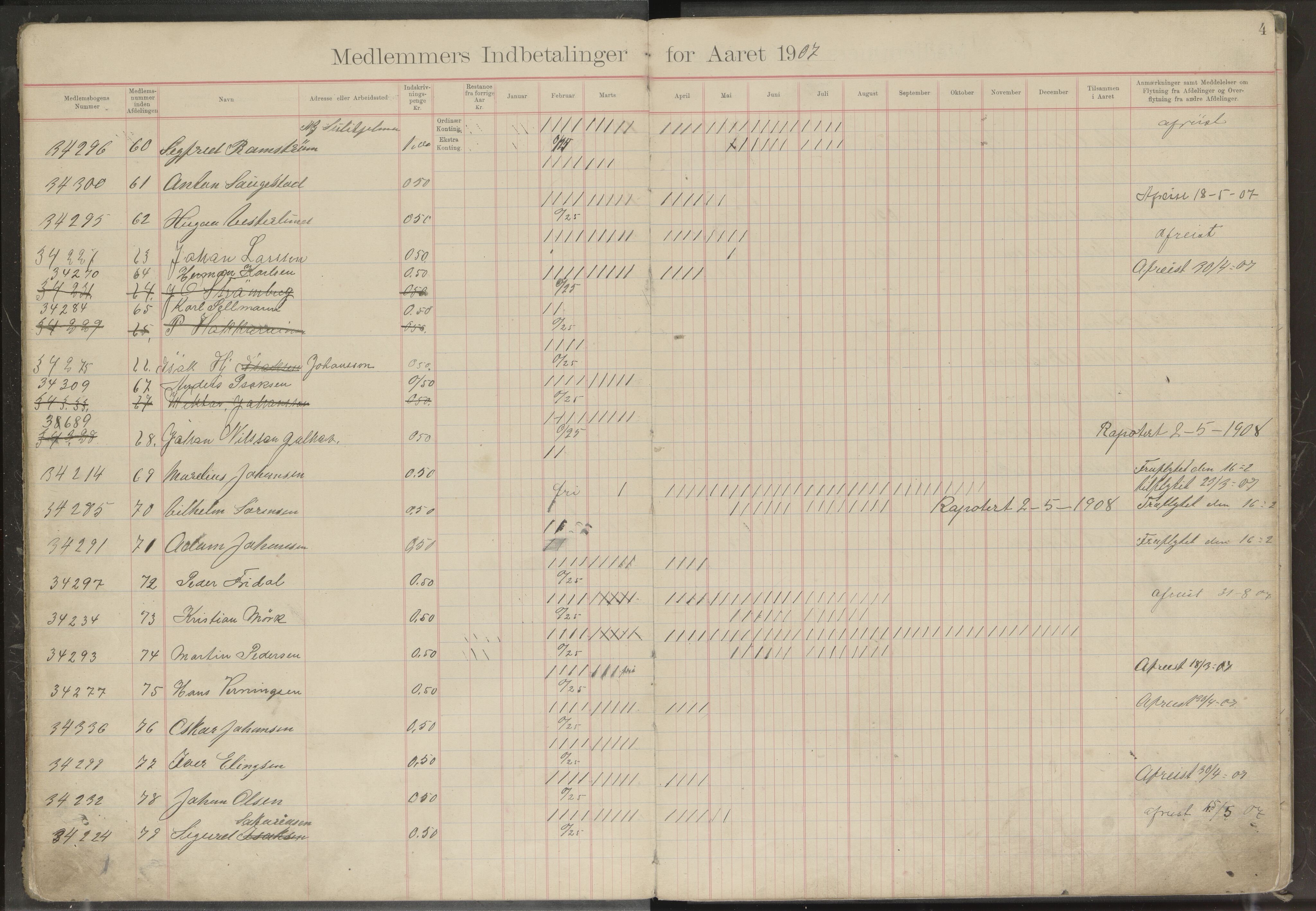 Hanken gruvearbeiderforening avd. 146 av Norsk Arbeidsmandsforbund, AIN/A23-118/P/Pa/L0001: Medlemsprotokoll, 1907-1925