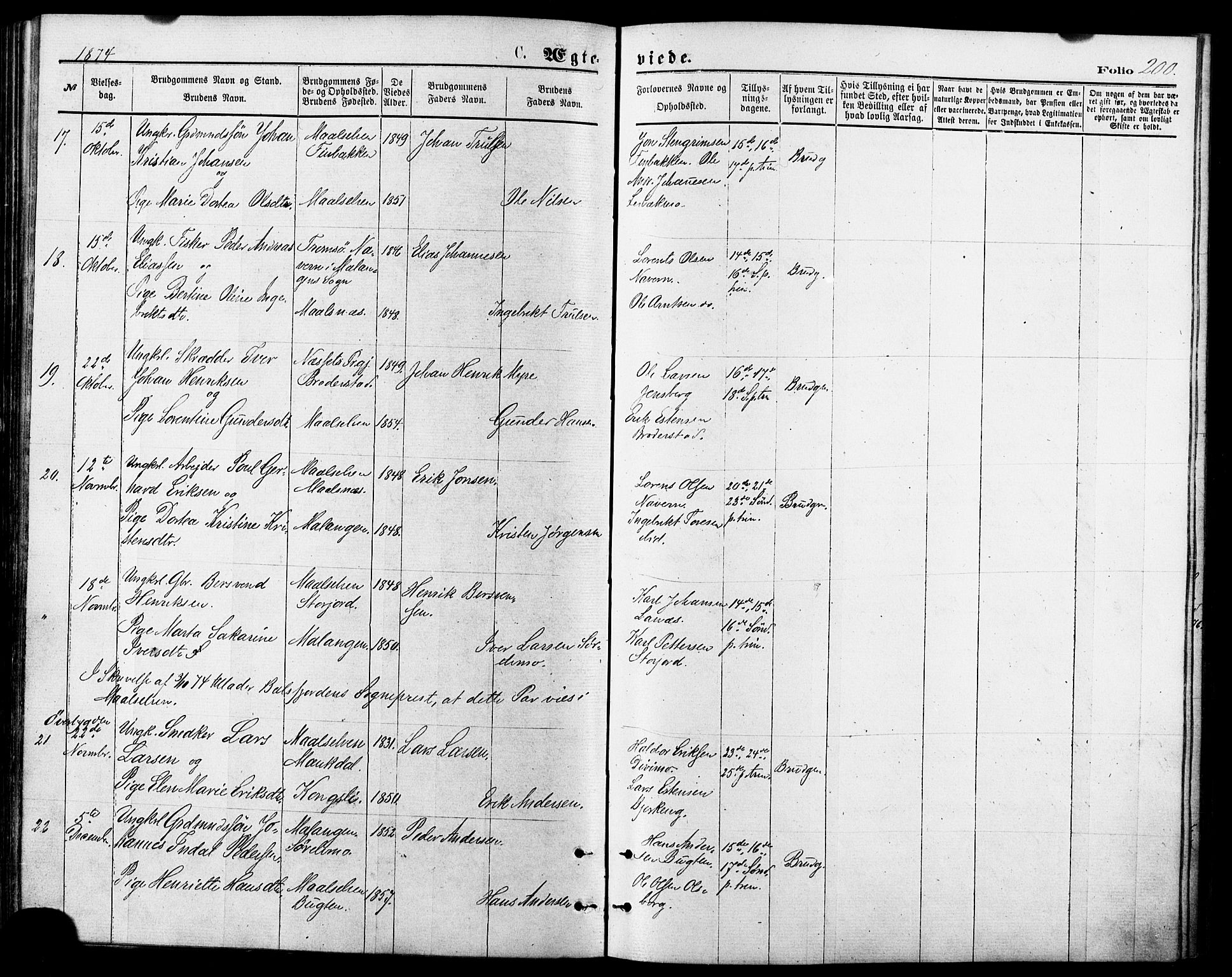 Målselv sokneprestembete, SATØ/S-1311/G/Ga/Gaa/L0005kirke: Parish register (official) no. 5, 1872-1884, p. 200