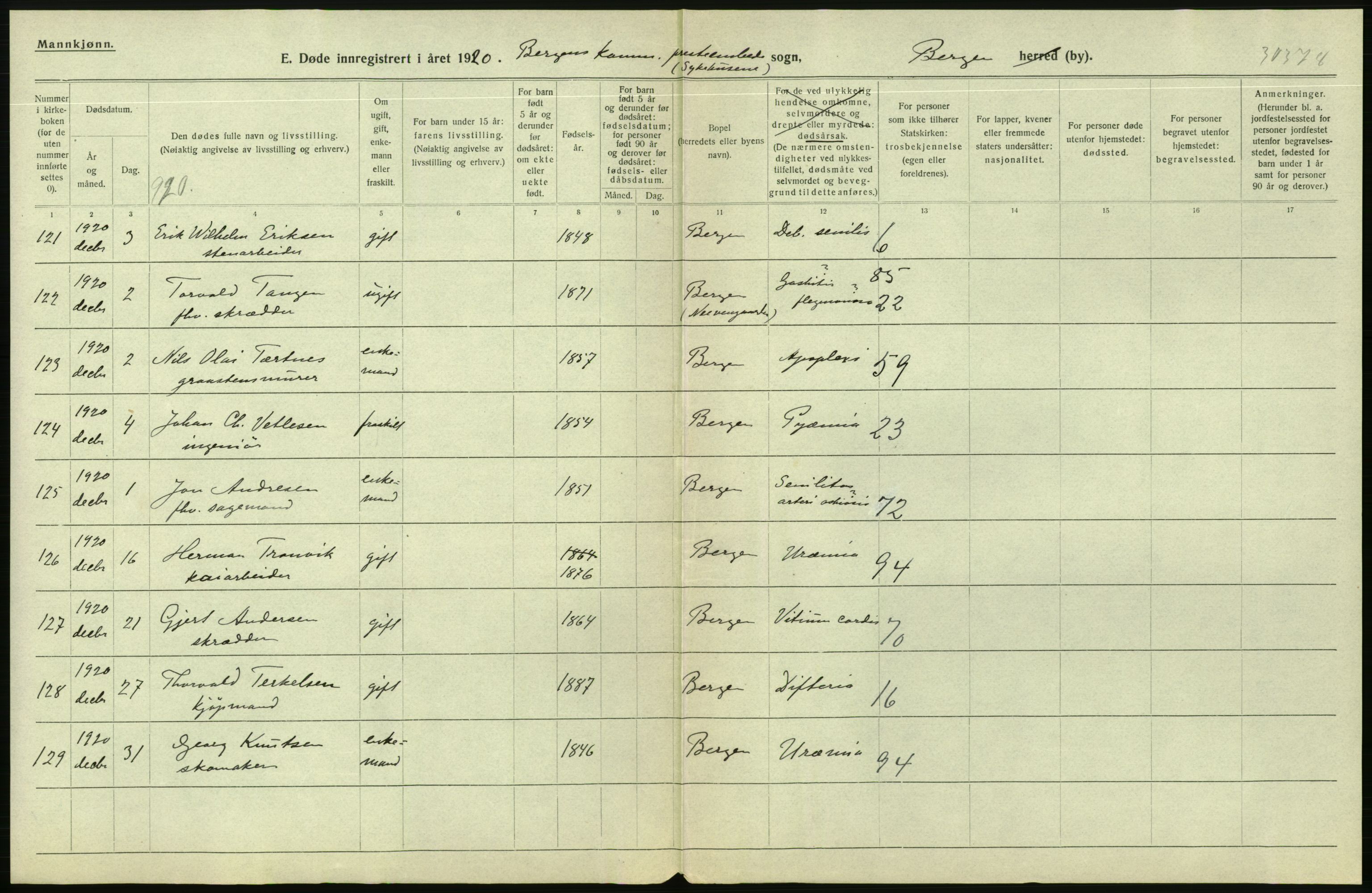 Statistisk sentralbyrå, Sosiodemografiske emner, Befolkning, AV/RA-S-2228/D/Df/Dfb/Dfbj/L0042: Bergen: Gifte, døde, dødfødte., 1920, p. 314