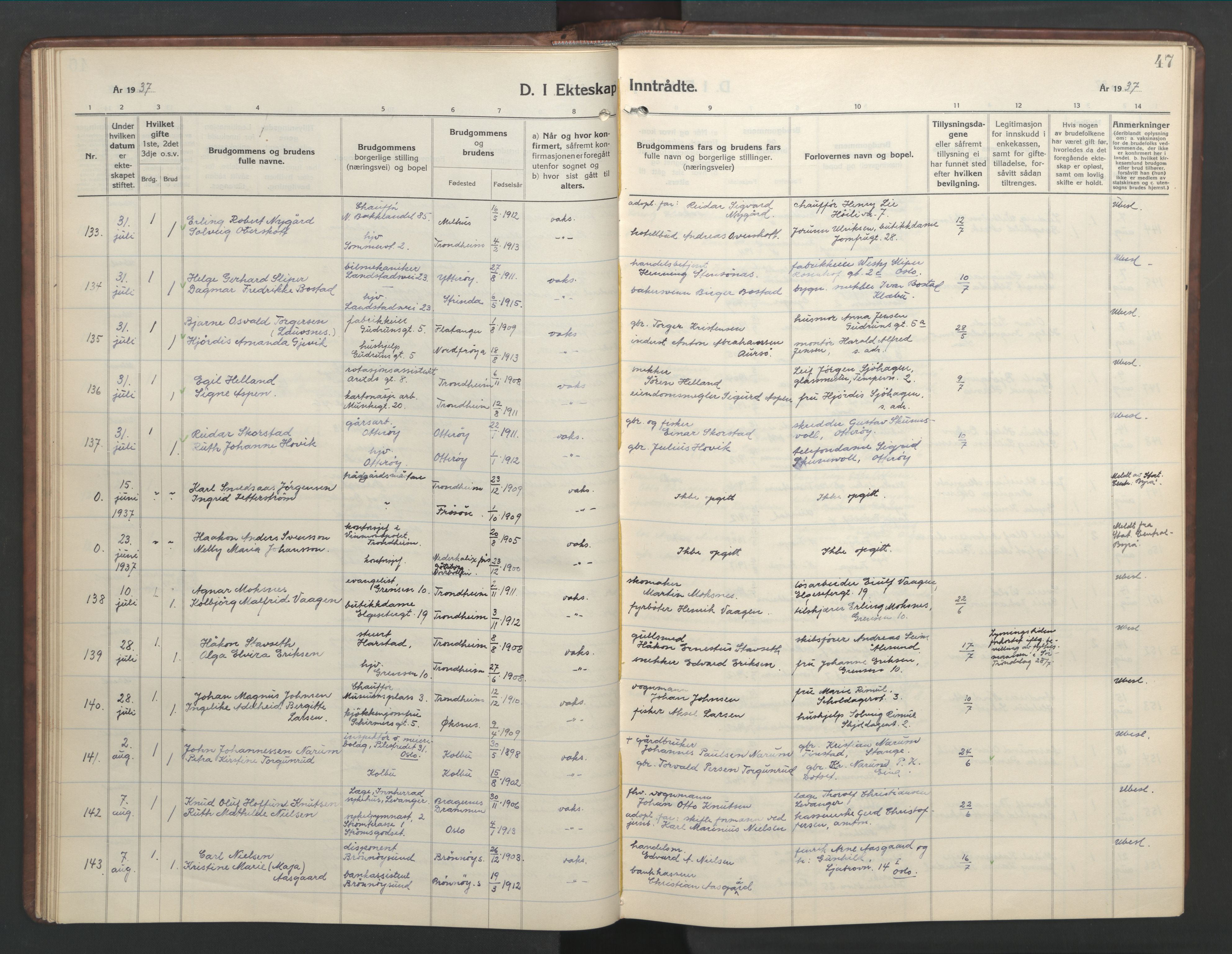 Ministerialprotokoller, klokkerbøker og fødselsregistre - Sør-Trøndelag, SAT/A-1456/601/L0101: Parish register (copy) no. 601C19, 1935-1946, p. 47