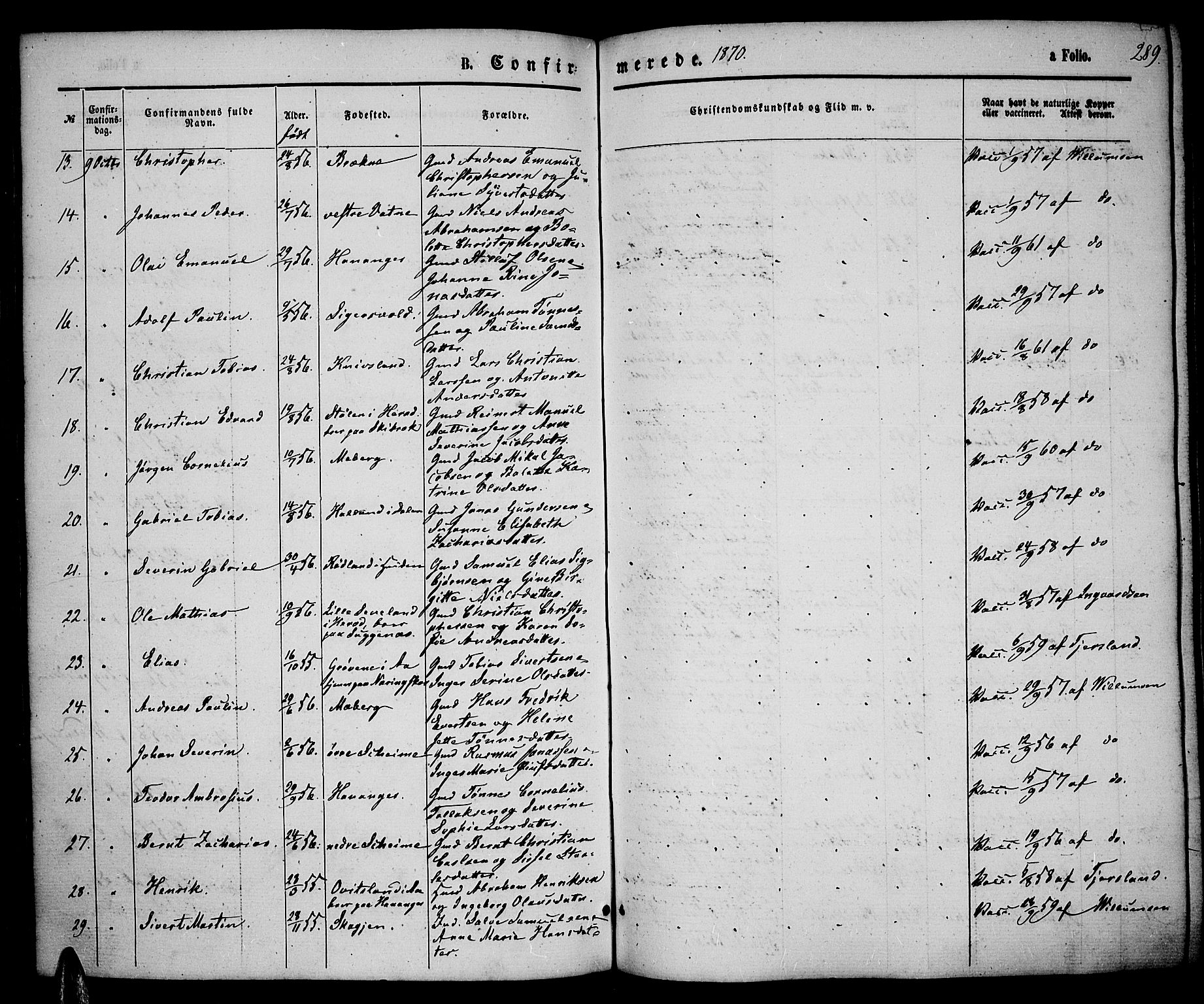 Lista sokneprestkontor, AV/SAK-1111-0027/F/Fb/L0003: Parish register (copy) no. B 3, 1862-1877, p. 289