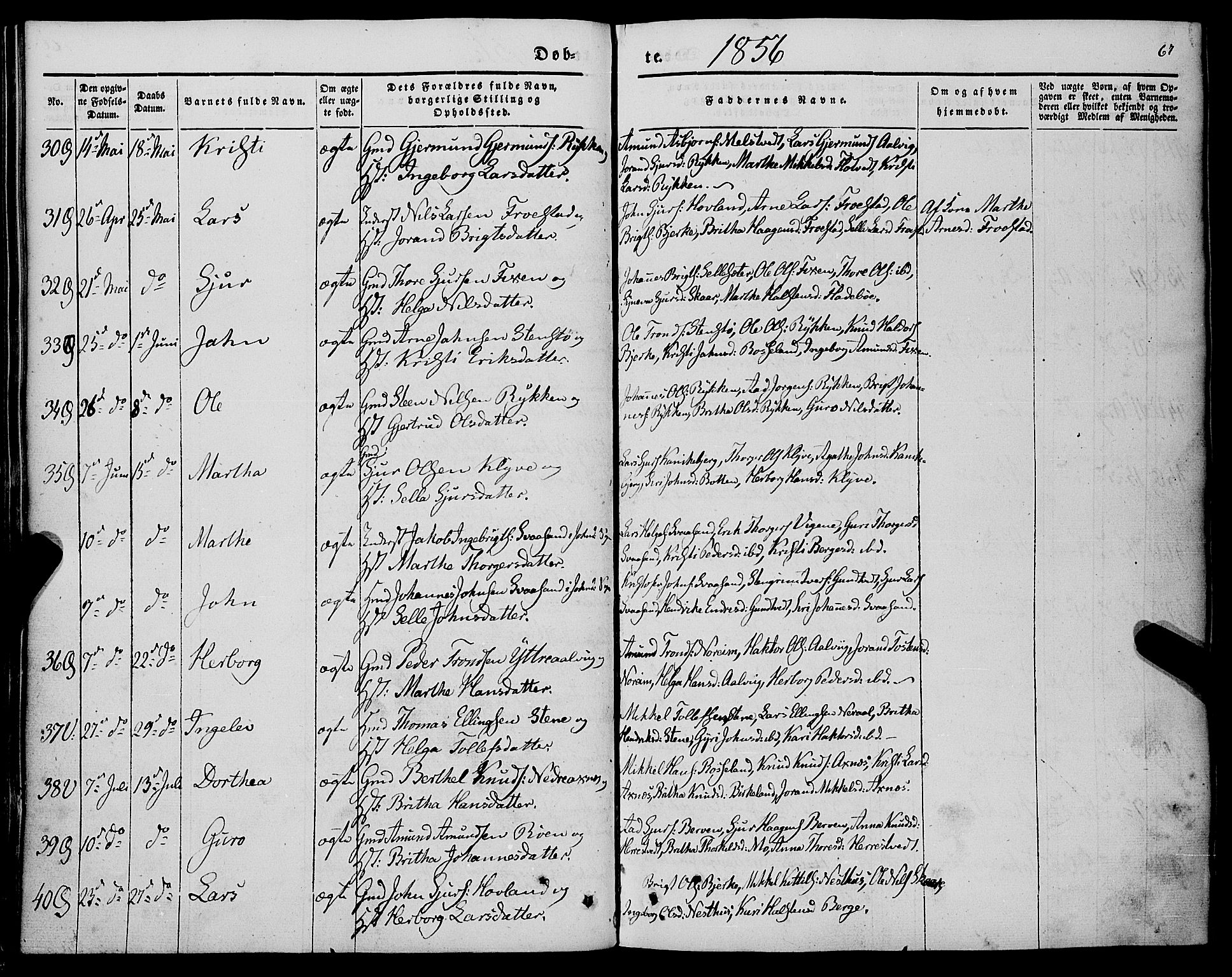 Kvam sokneprestembete, AV/SAB-A-76201/H/Haa: Parish register (official) no. A 8, 1844-1863, p. 67