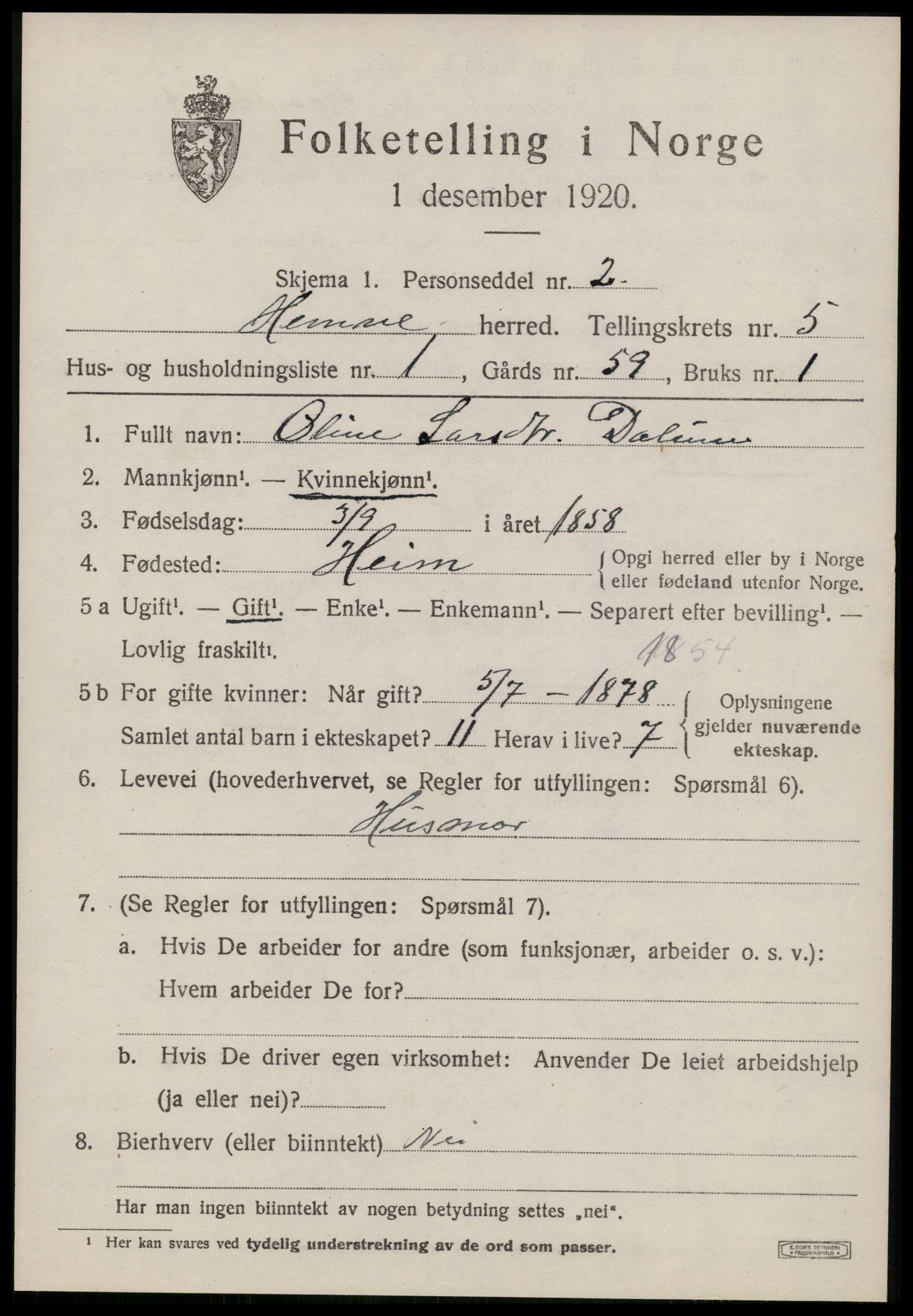 SAT, 1920 census for Hemne, 1920, p. 3100