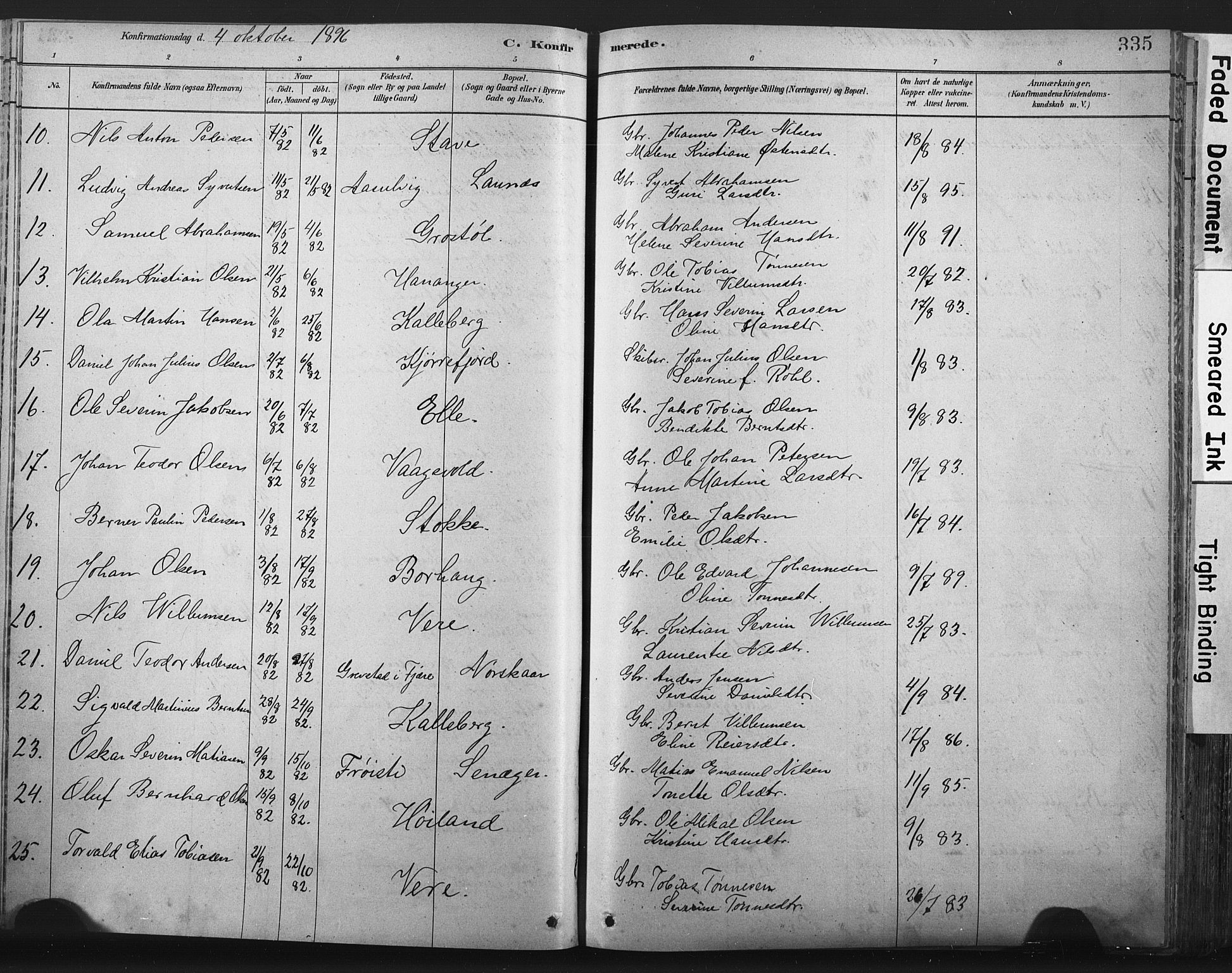 Lista sokneprestkontor, AV/SAK-1111-0027/F/Fa/L0012: Parish register (official) no. A 12, 1879-1903, p. 335