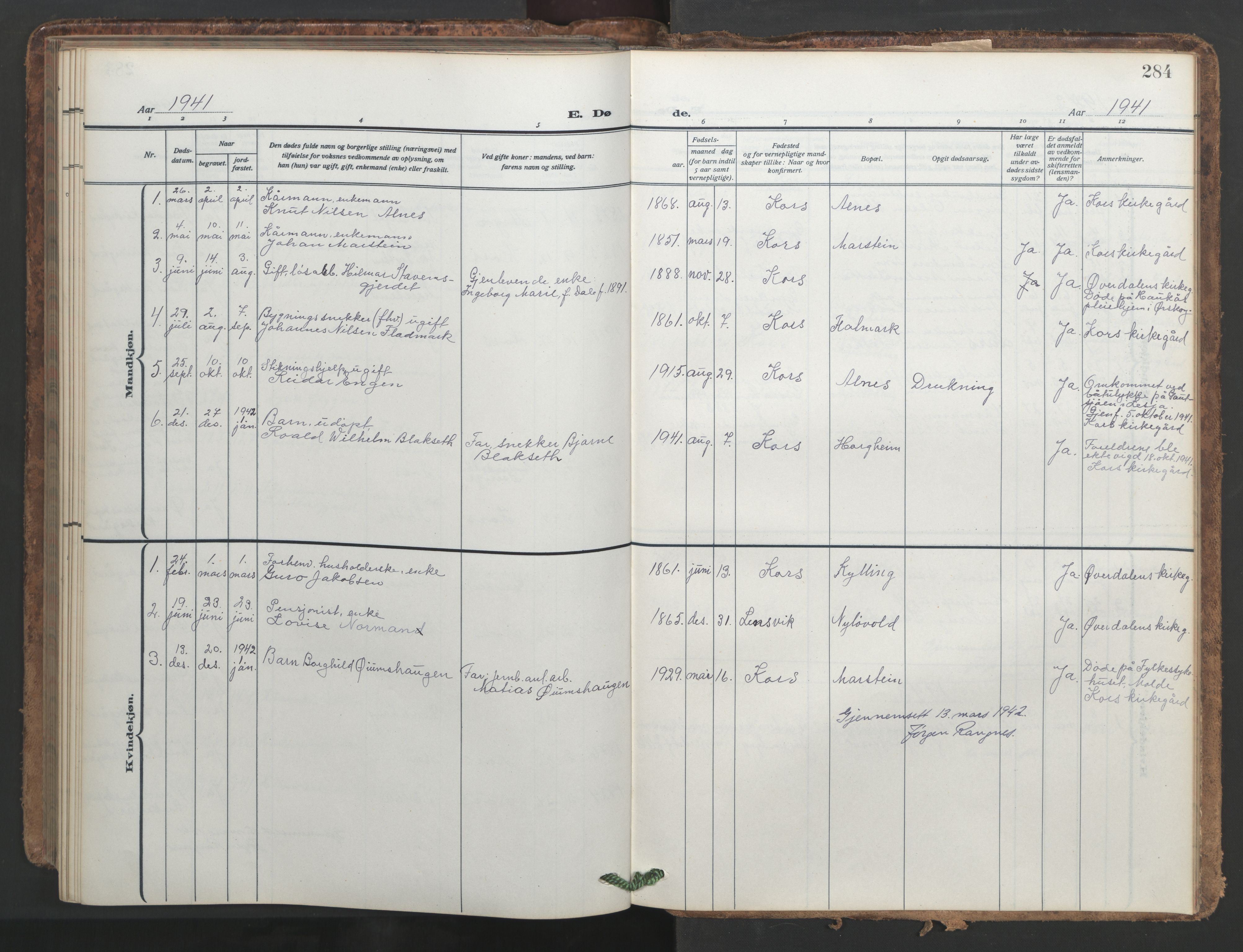 Ministerialprotokoller, klokkerbøker og fødselsregistre - Møre og Romsdal, SAT/A-1454/546/L0597: Parish register (copy) no. 546C03, 1921-1959, p. 284