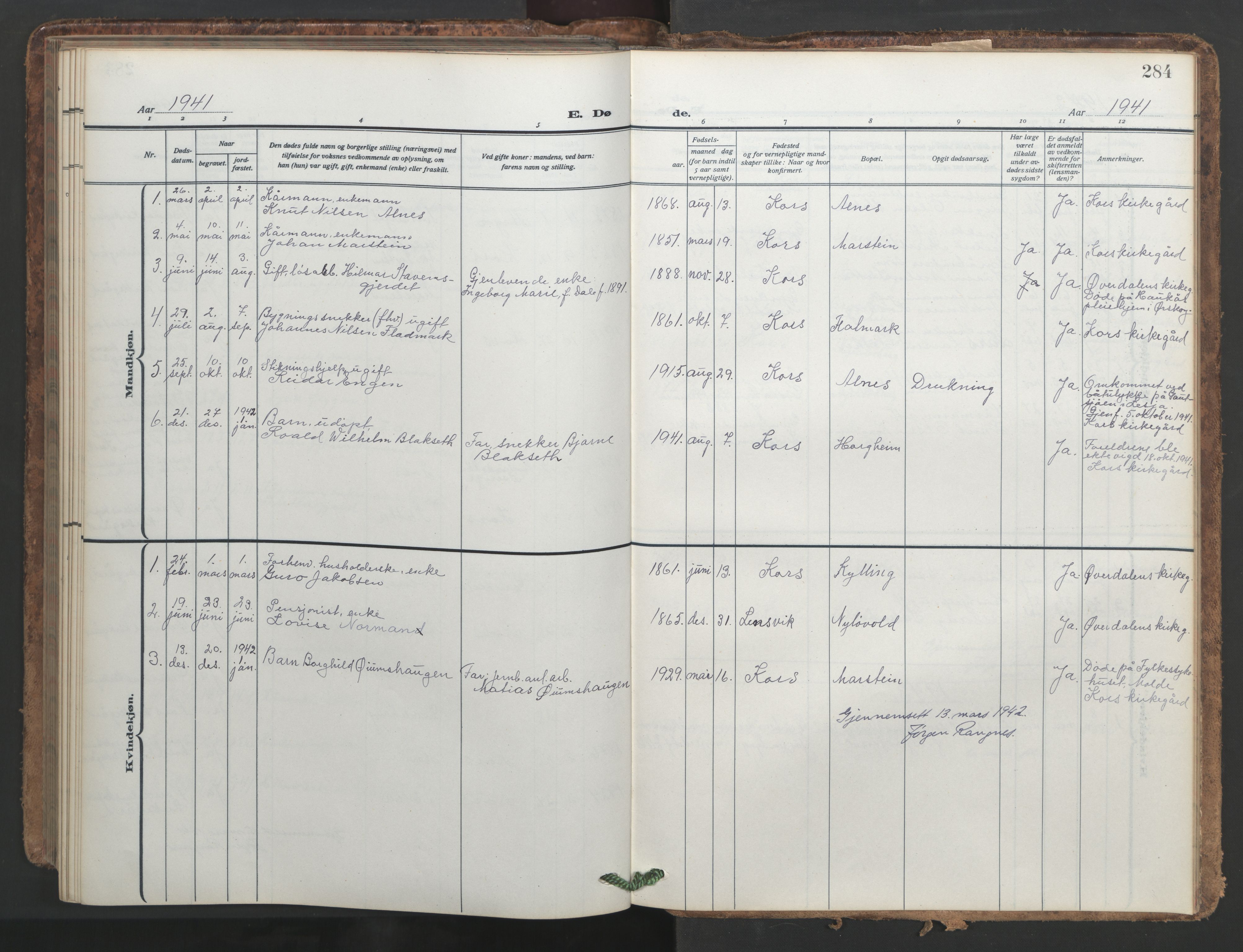 Ministerialprotokoller, klokkerbøker og fødselsregistre - Møre og Romsdal, AV/SAT-A-1454/546/L0597: Parish register (copy) no. 546C03, 1921-1959, p. 284