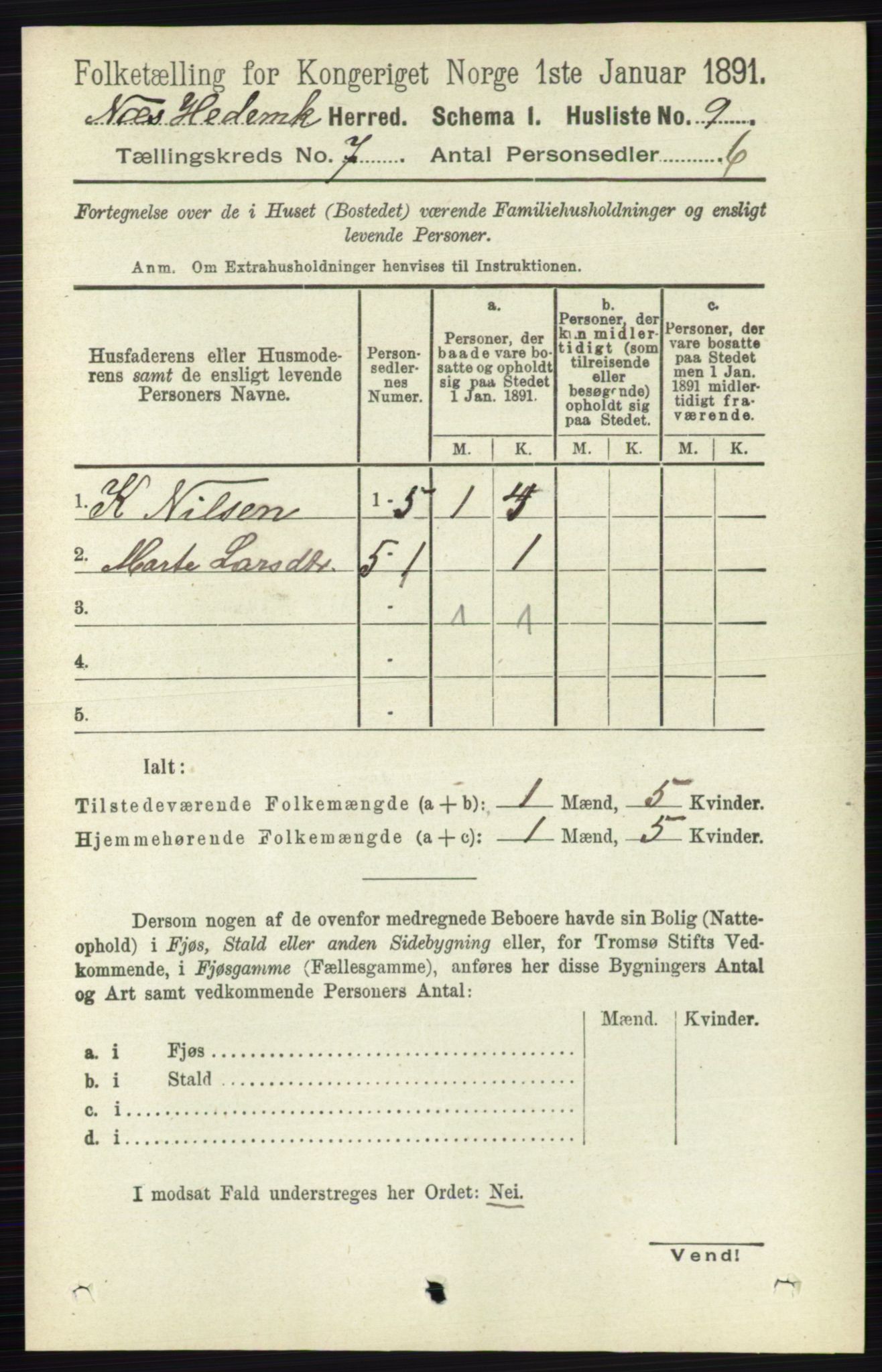RA, 1891 census for 0411 Nes, 1891, p. 3837