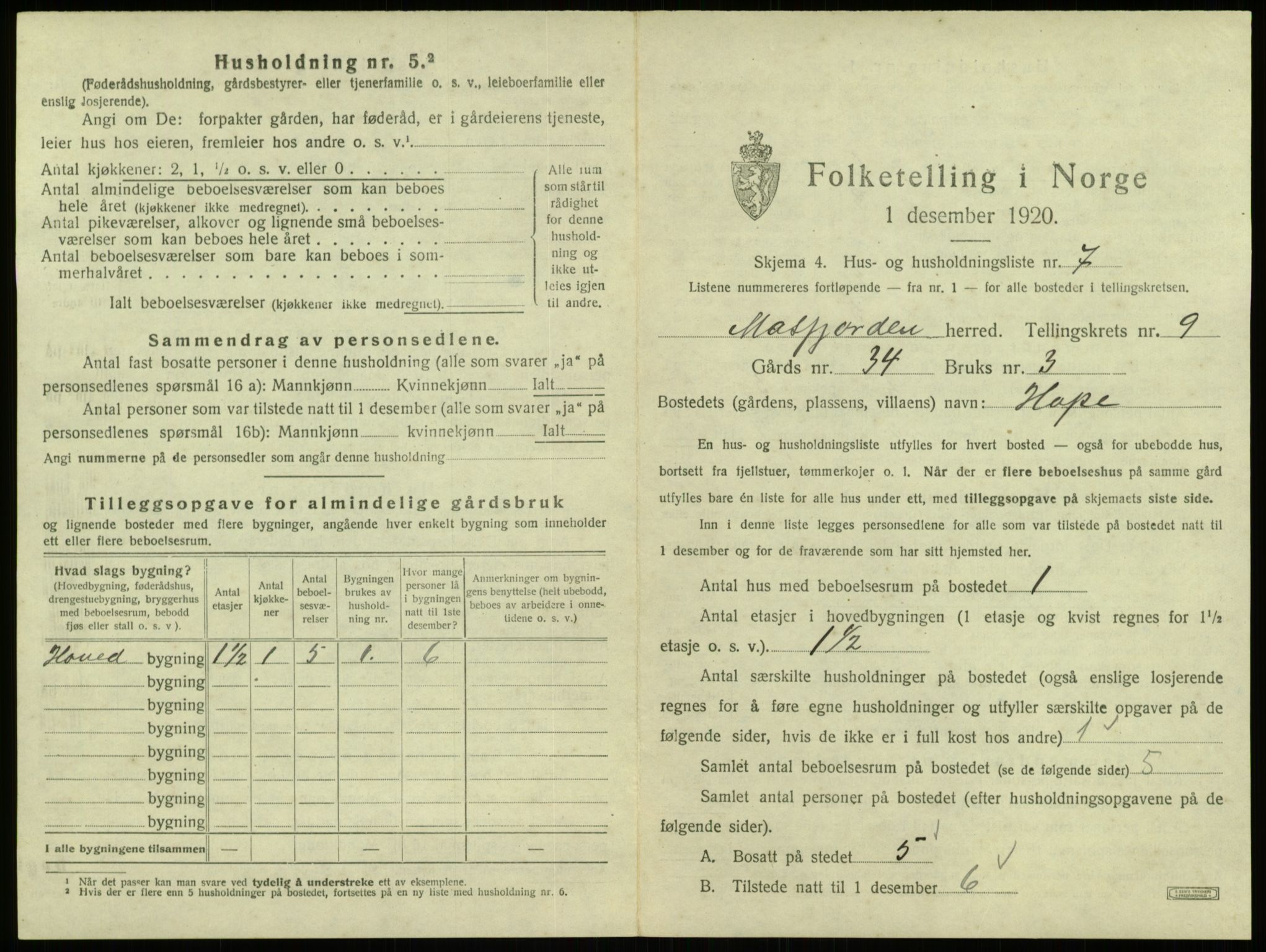 SAB, 1920 census for Masfjorden, 1920, p. 438