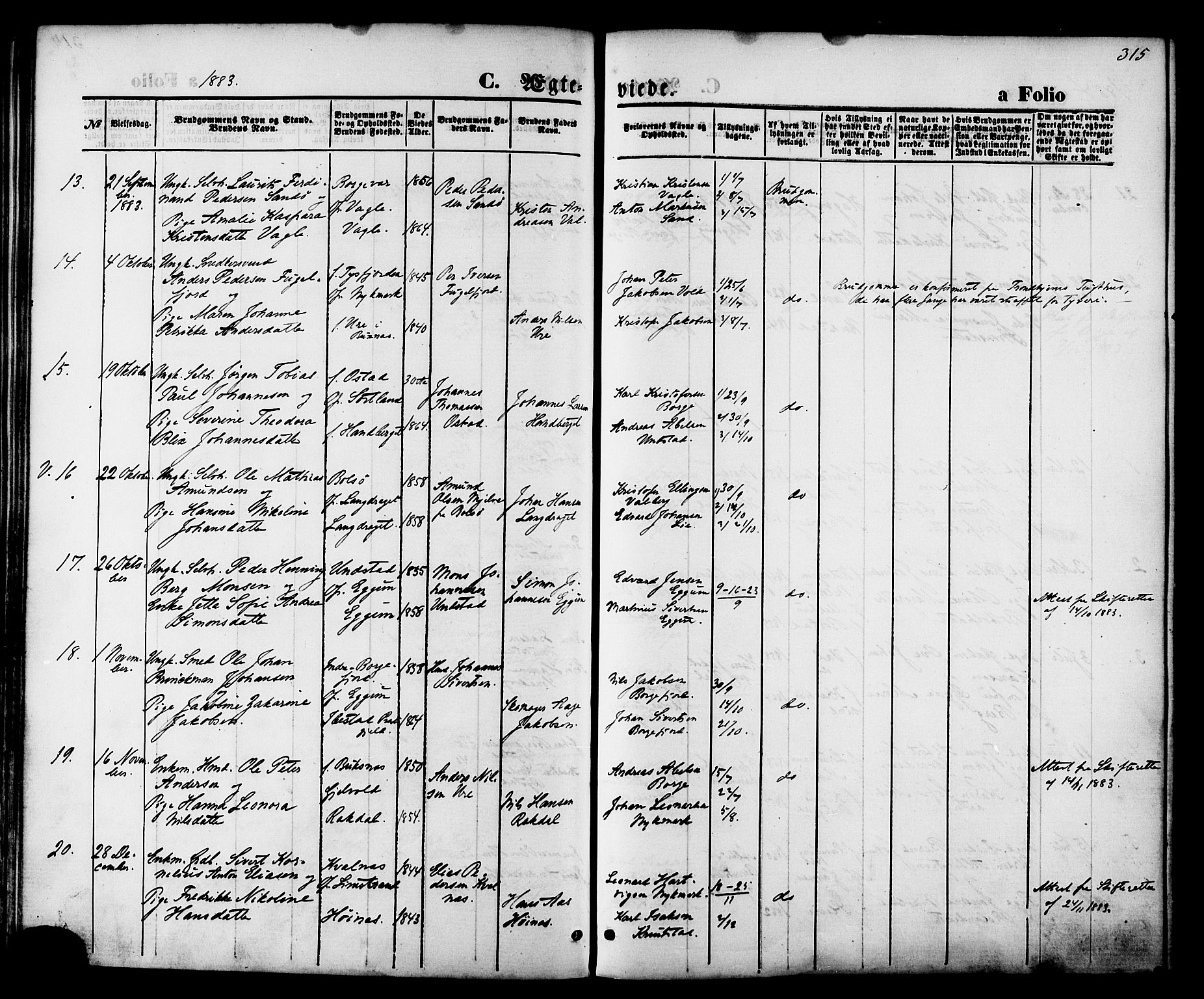 Ministerialprotokoller, klokkerbøker og fødselsregistre - Nordland, AV/SAT-A-1459/880/L1132: Parish register (official) no. 880A06, 1869-1887, p. 315