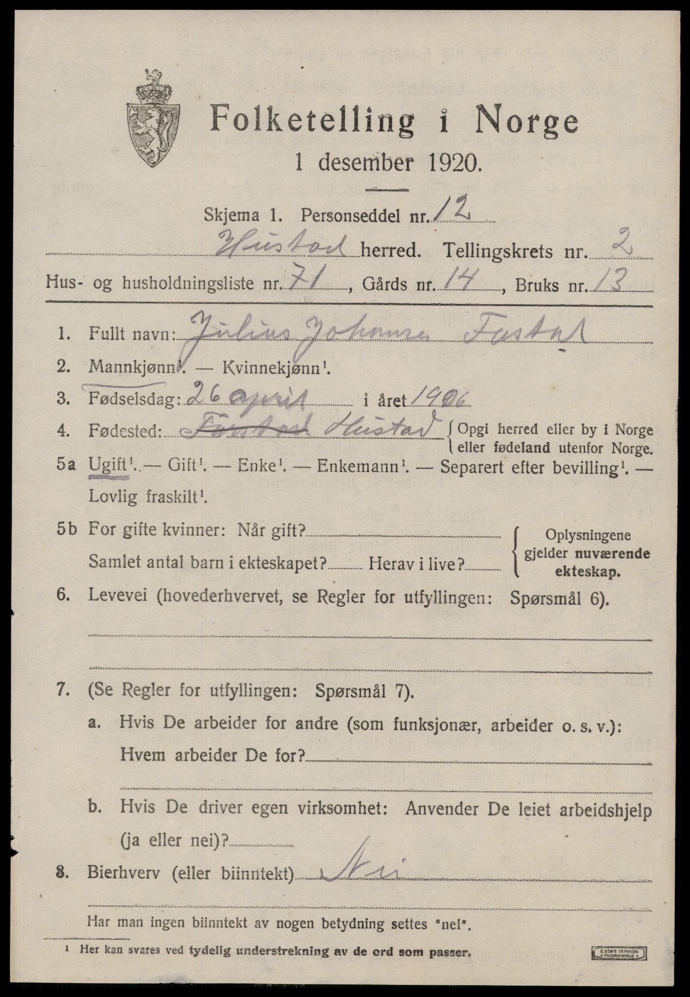 SAT, 1920 census for Hustad, 1920, p. 2495