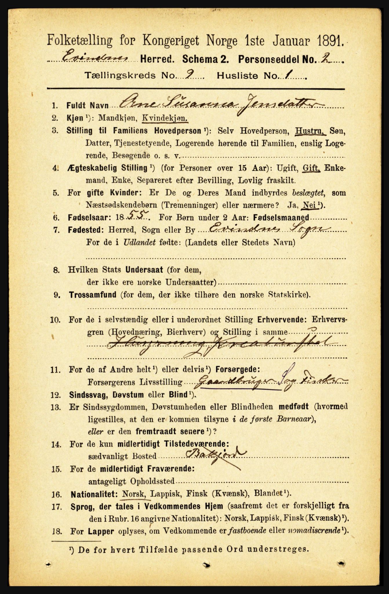 RA, 1891 census for 1853 Evenes, 1891, p. 2804