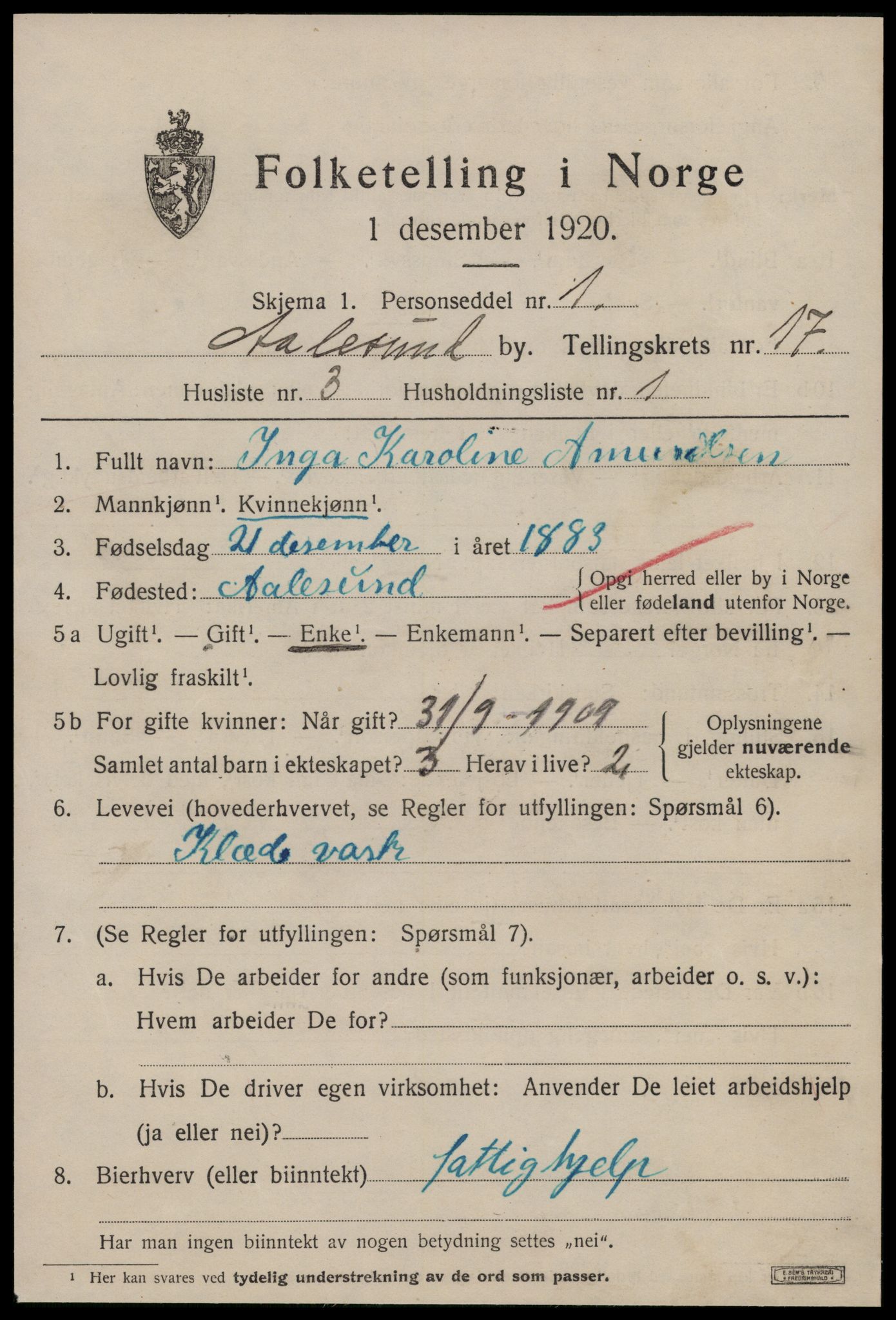 SAT, 1920 census for Ålesund, 1920, p. 33254