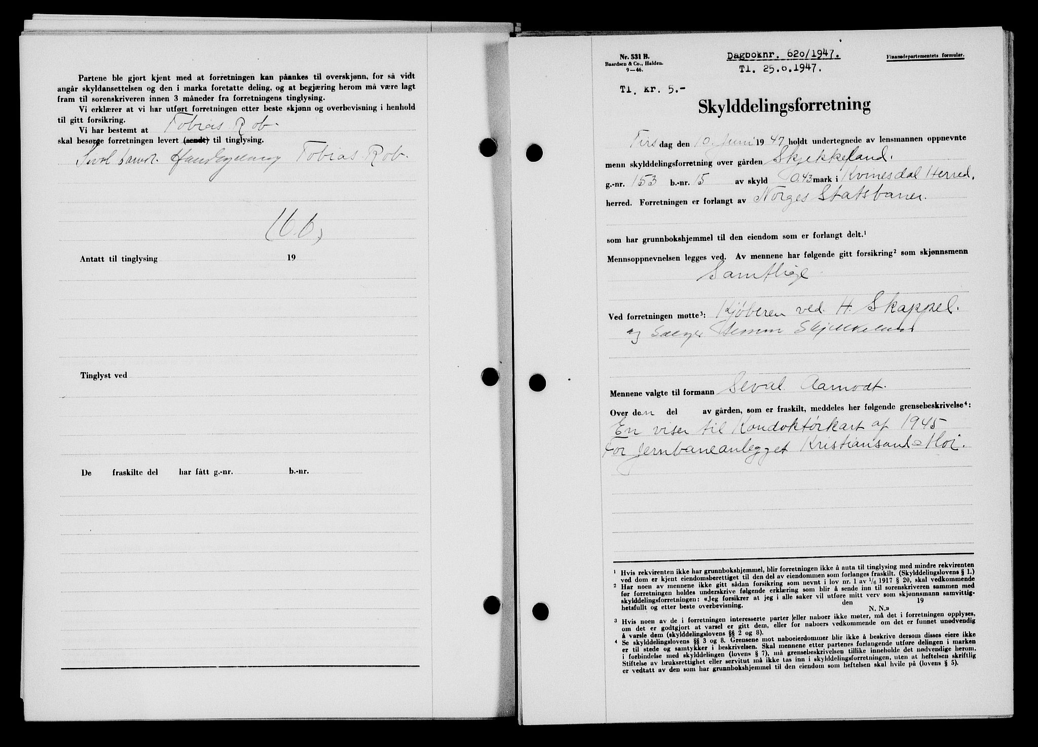 Flekkefjord sorenskriveri, SAK/1221-0001/G/Gb/Gba/L0062: Mortgage book no. A-10, 1947-1947, Diary no: : 620/1947