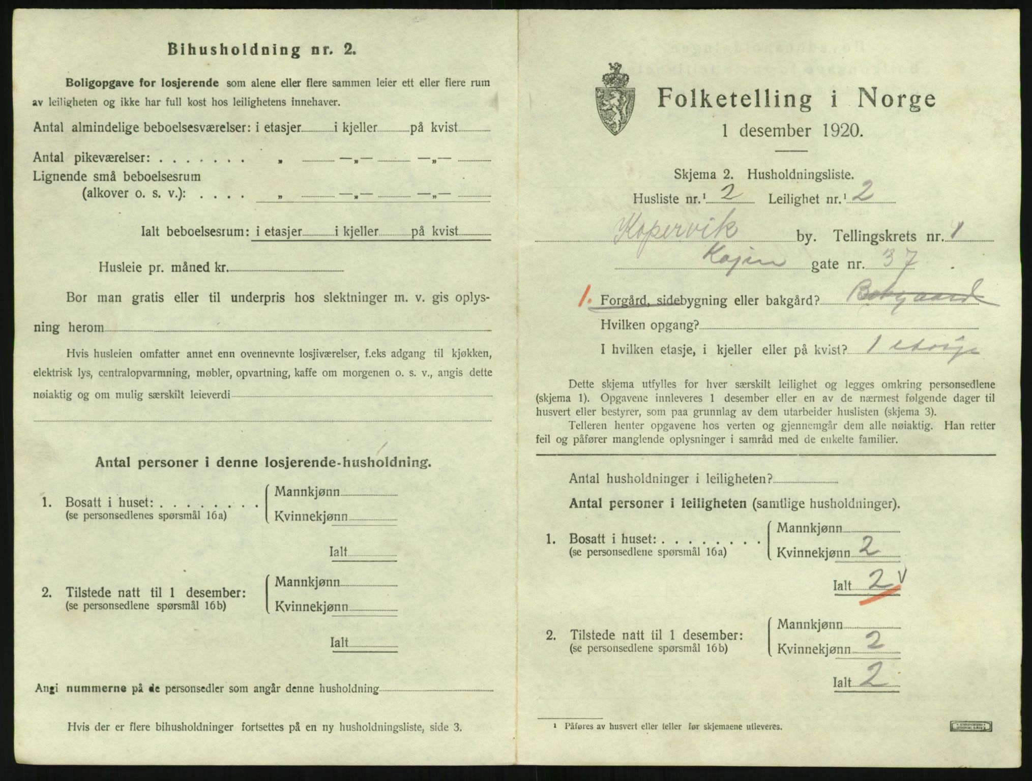 SAST, 1920 census for Kopervik, 1920, p. 616