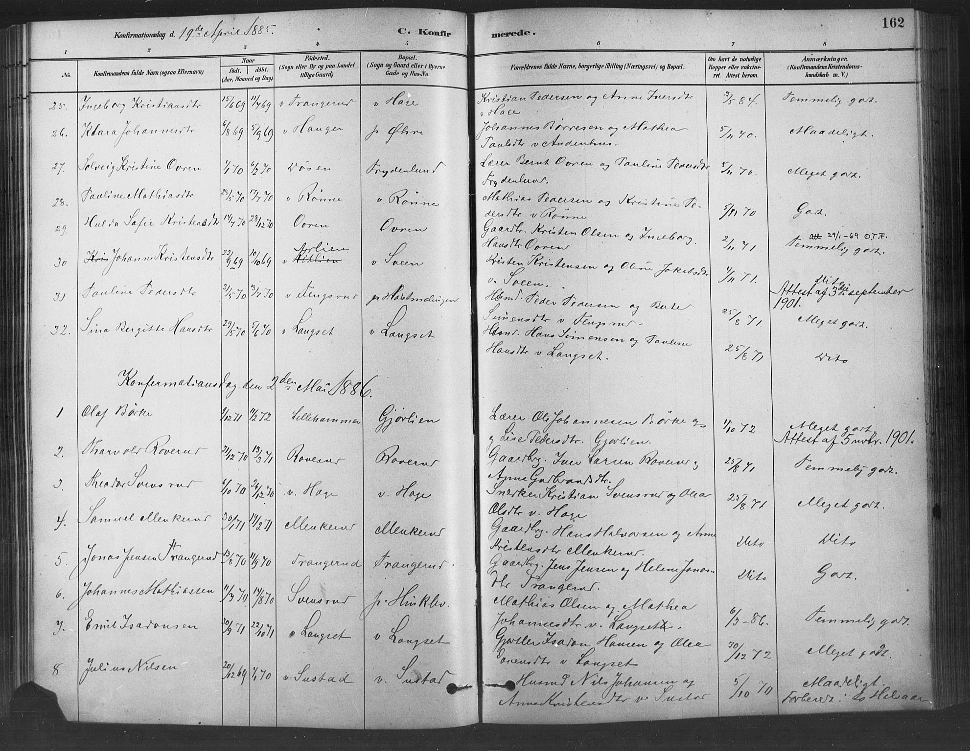 Fåberg prestekontor, SAH/PREST-086/H/Ha/Haa/L0009: Parish register (official) no. 9, 1879-1898, p. 162