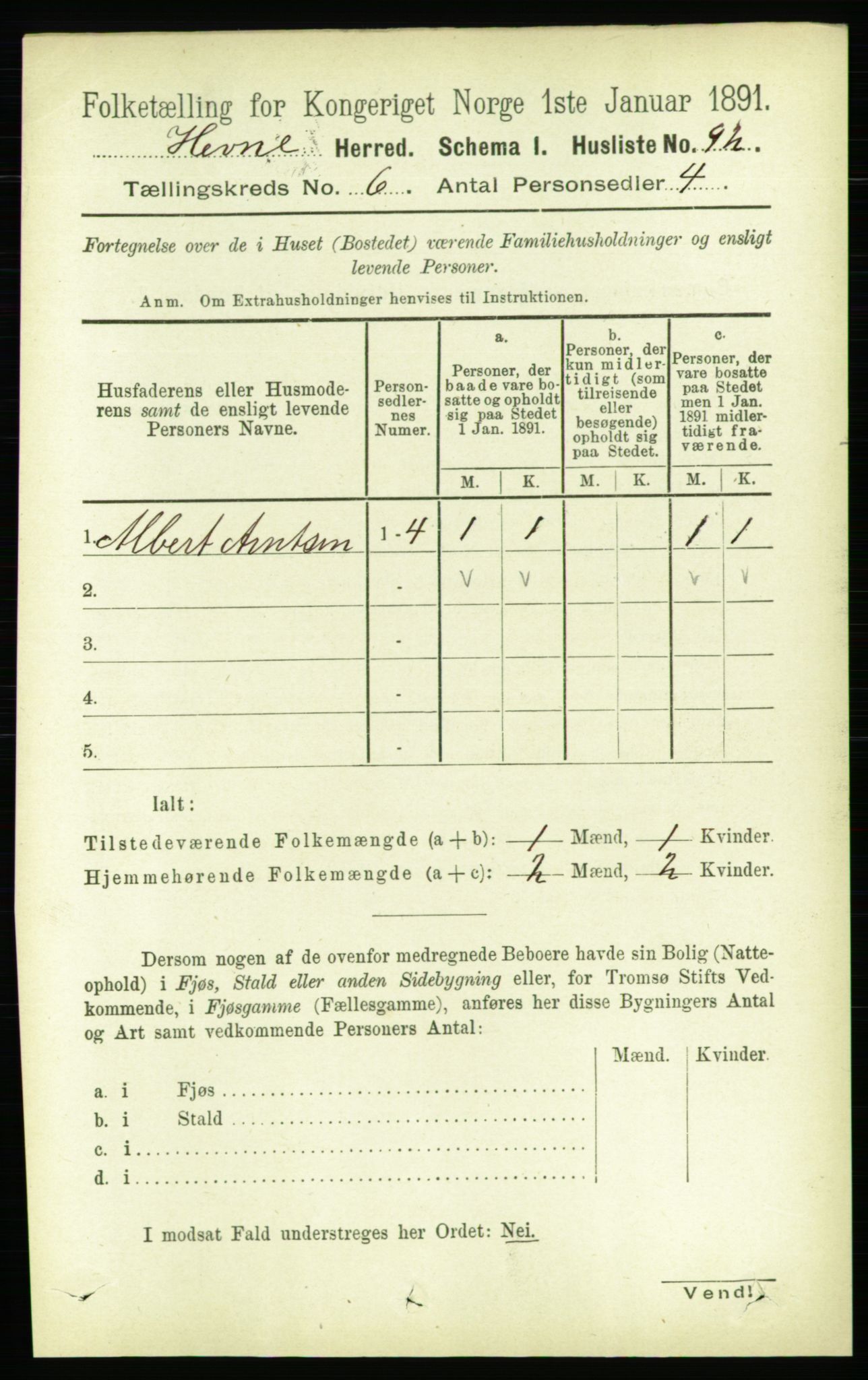 RA, 1891 census for 1612 Hemne, 1891, p. 3406