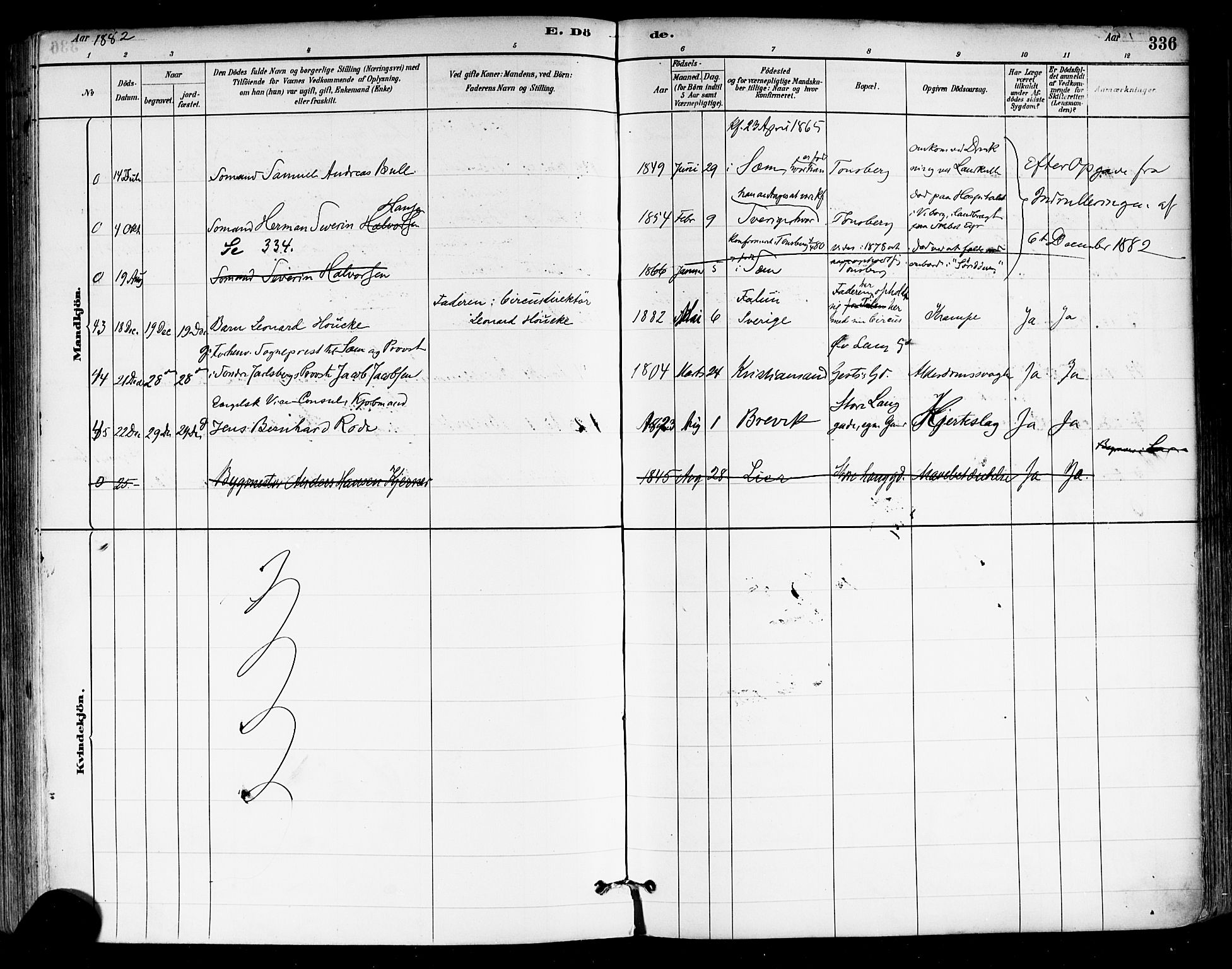 Tønsberg kirkebøker, AV/SAKO-A-330/F/Fa/L0011: Parish register (official) no. I 11, 1881-1890, p. 336