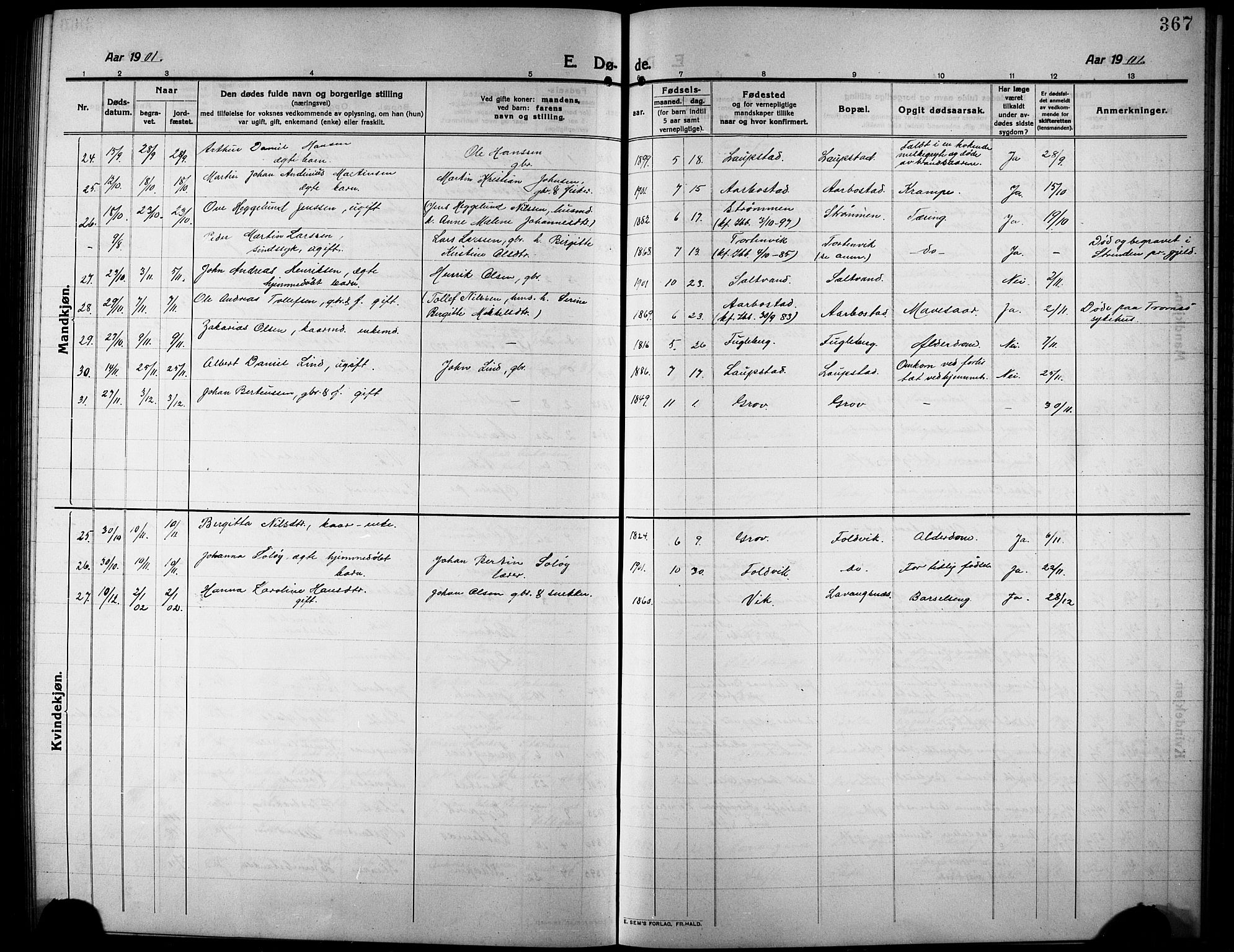 Ibestad sokneprestembete, SATØ/S-0077/H/Ha/Hab/L0009klokker: Parish register (copy) no. 9, 1902-1914, p. 367
