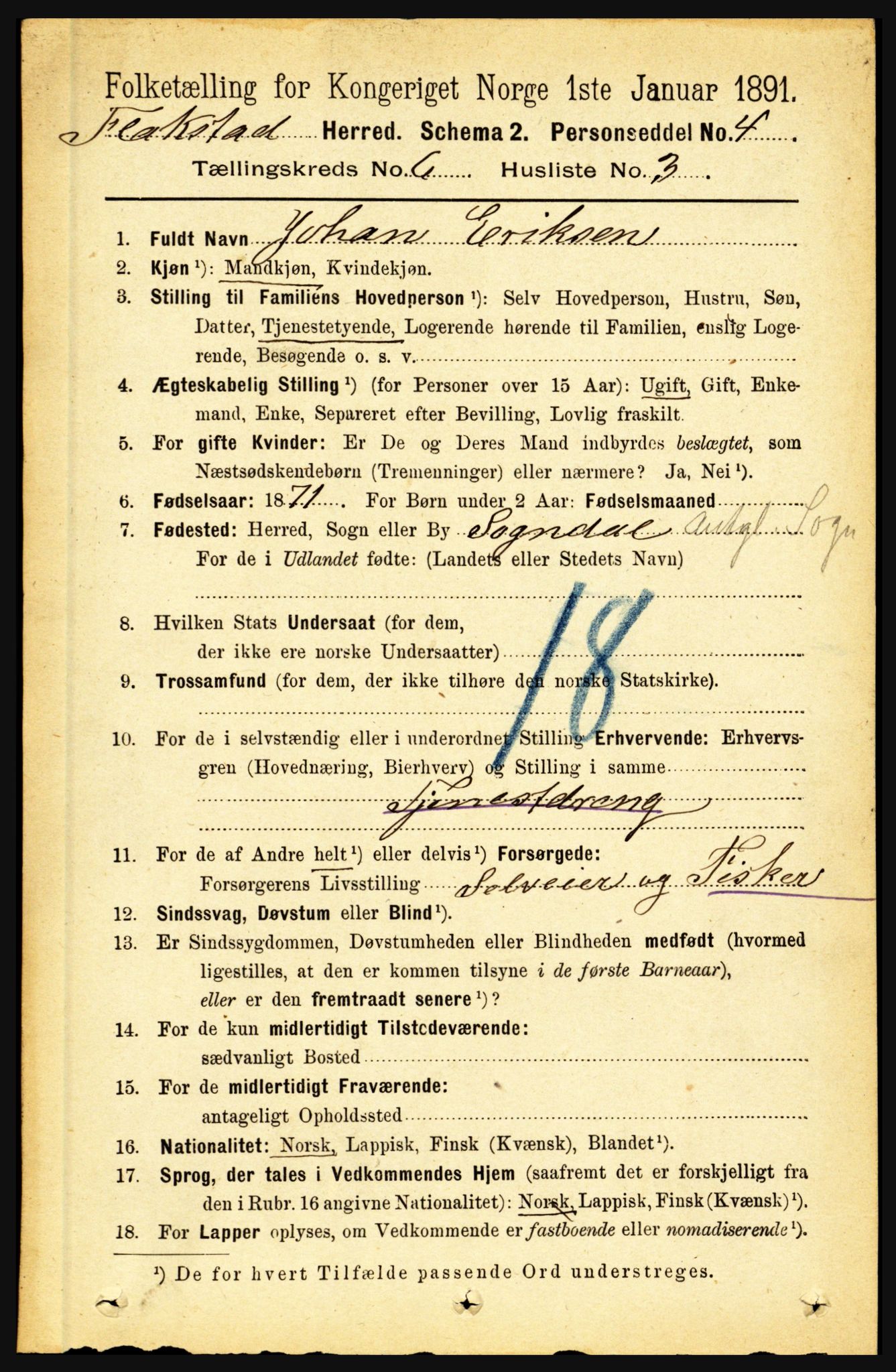 RA, 1891 census for 1859 Flakstad, 1891, p. 2960