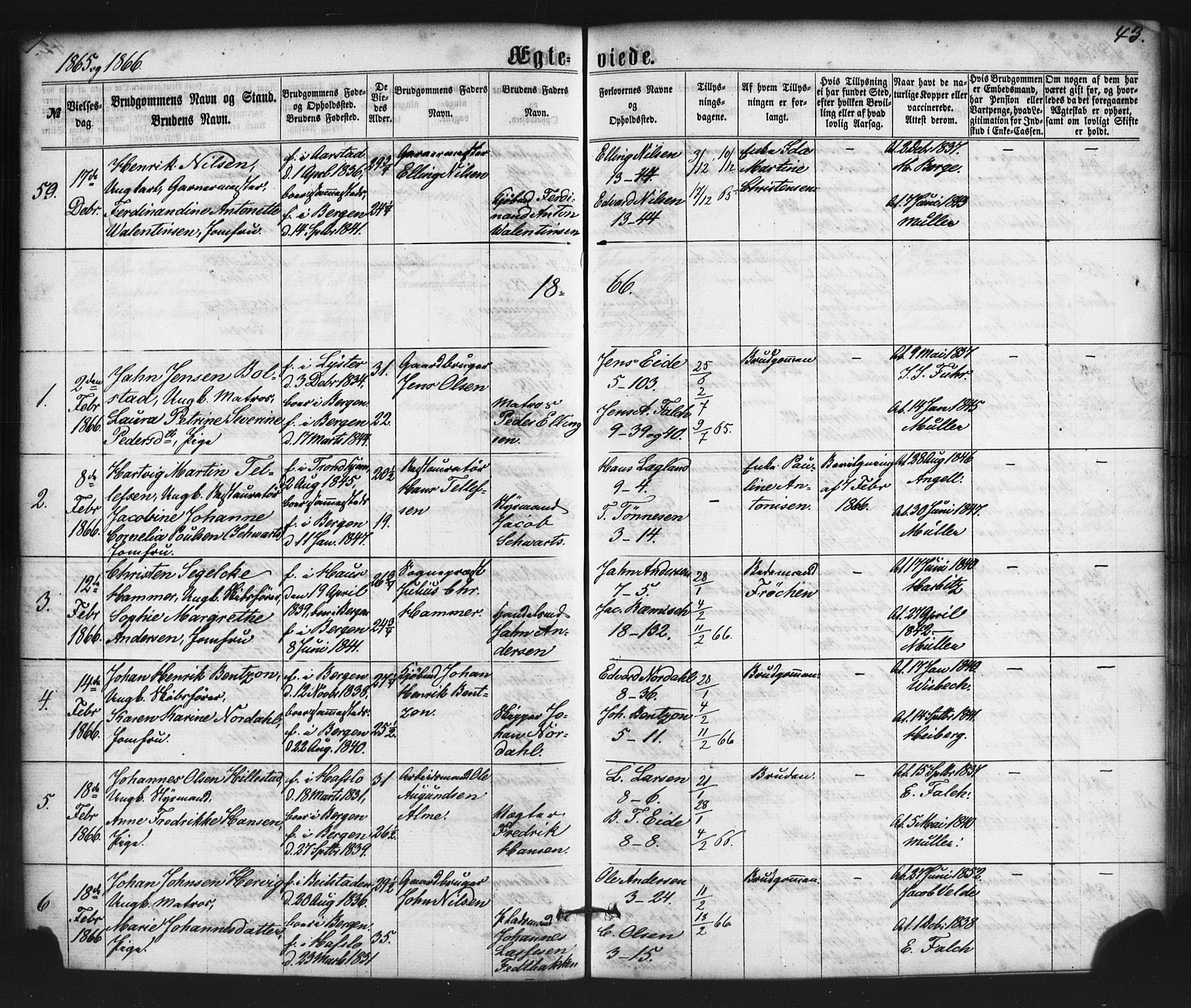 Nykirken Sokneprestembete, AV/SAB-A-77101/H/Haa/L0032: Parish register (official) no. D 2, 1861-1883, p. 43