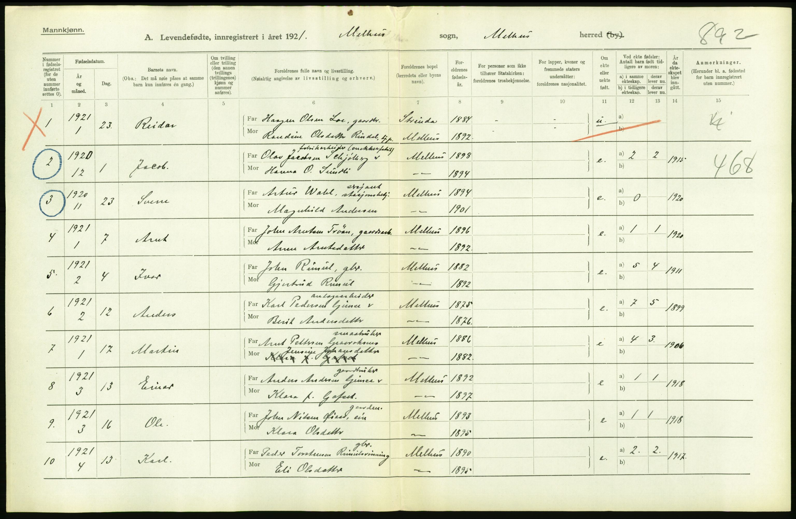 Statistisk sentralbyrå, Sosiodemografiske emner, Befolkning, RA/S-2228/D/Df/Dfc/Dfca/L0043: S. Trøndelag fylke: Levendefødte menn og kvinner. Bygder., 1921, p. 232