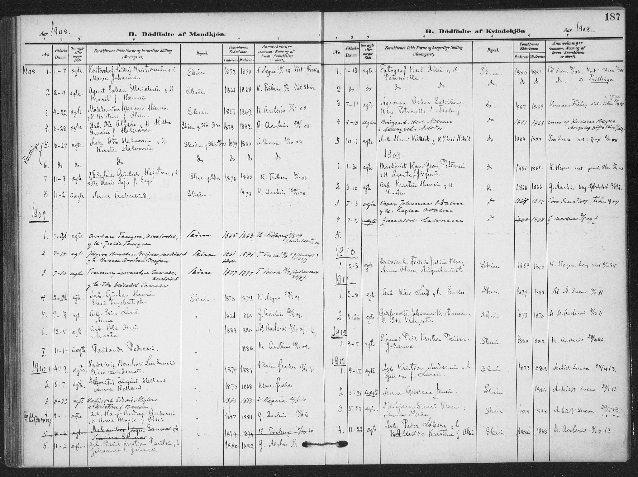 Skien kirkebøker, SAKO/A-302/F/Fa/L0012: Parish register (official) no. 12, 1908-1914, p. 187