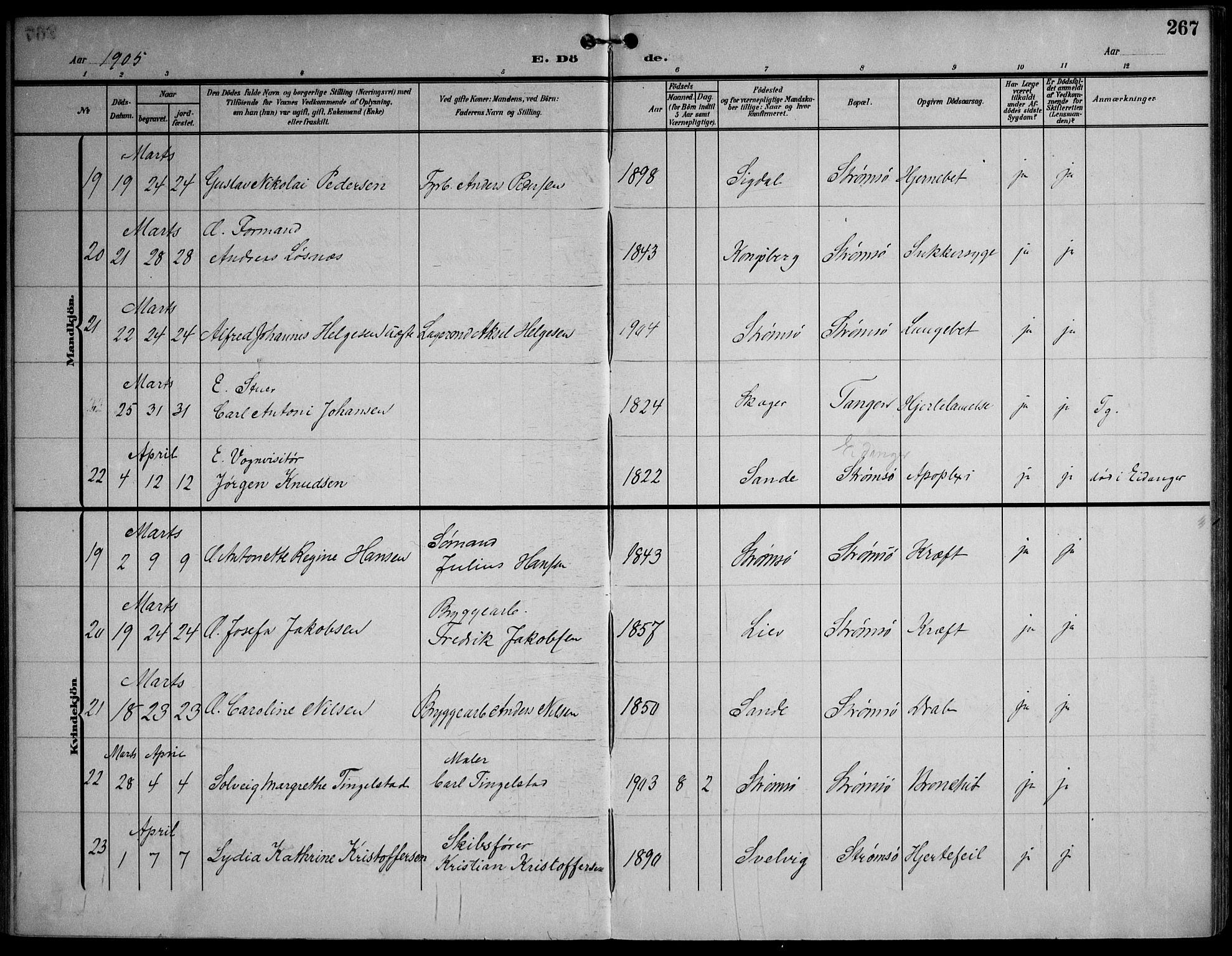 Strømsø kirkebøker, AV/SAKO-A-246/F/Fa/L0026: Parish register (official) no. I 26, 1905-1914, p. 267