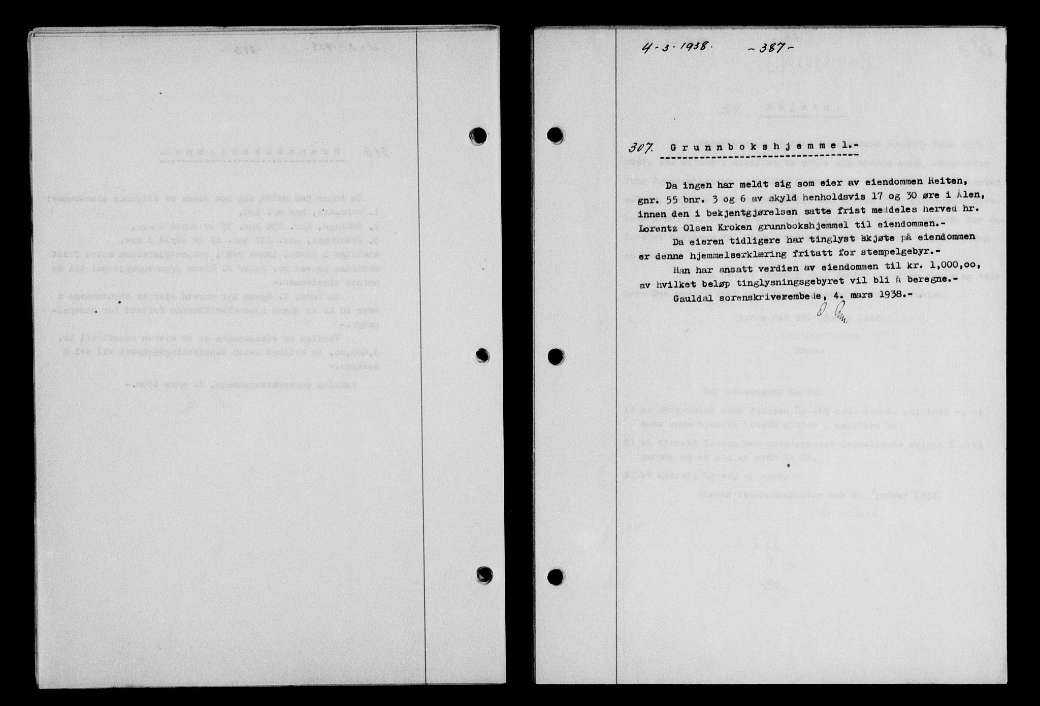 Gauldal sorenskriveri, SAT/A-0014/1/2/2C/L0048: Mortgage book no. 51-52, 1937-1938, p. 387, Diary no: : 307/1938