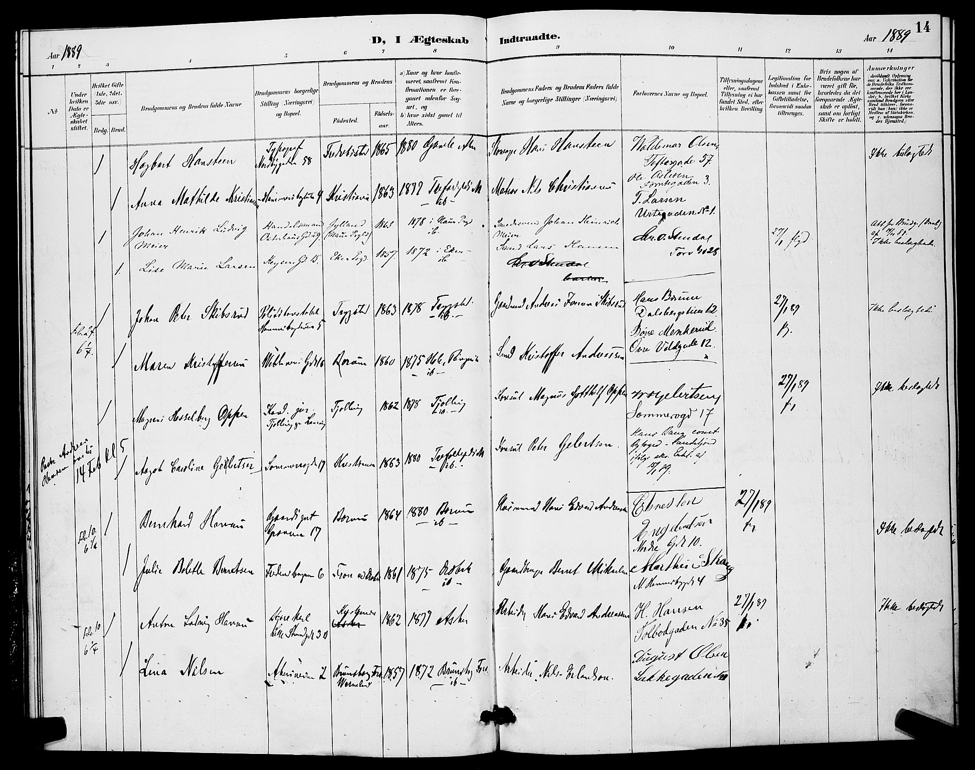 Trefoldighet prestekontor Kirkebøker, AV/SAO-A-10882/H/Ha/L0004: Banns register no. 4, 1888-1894, p. 14