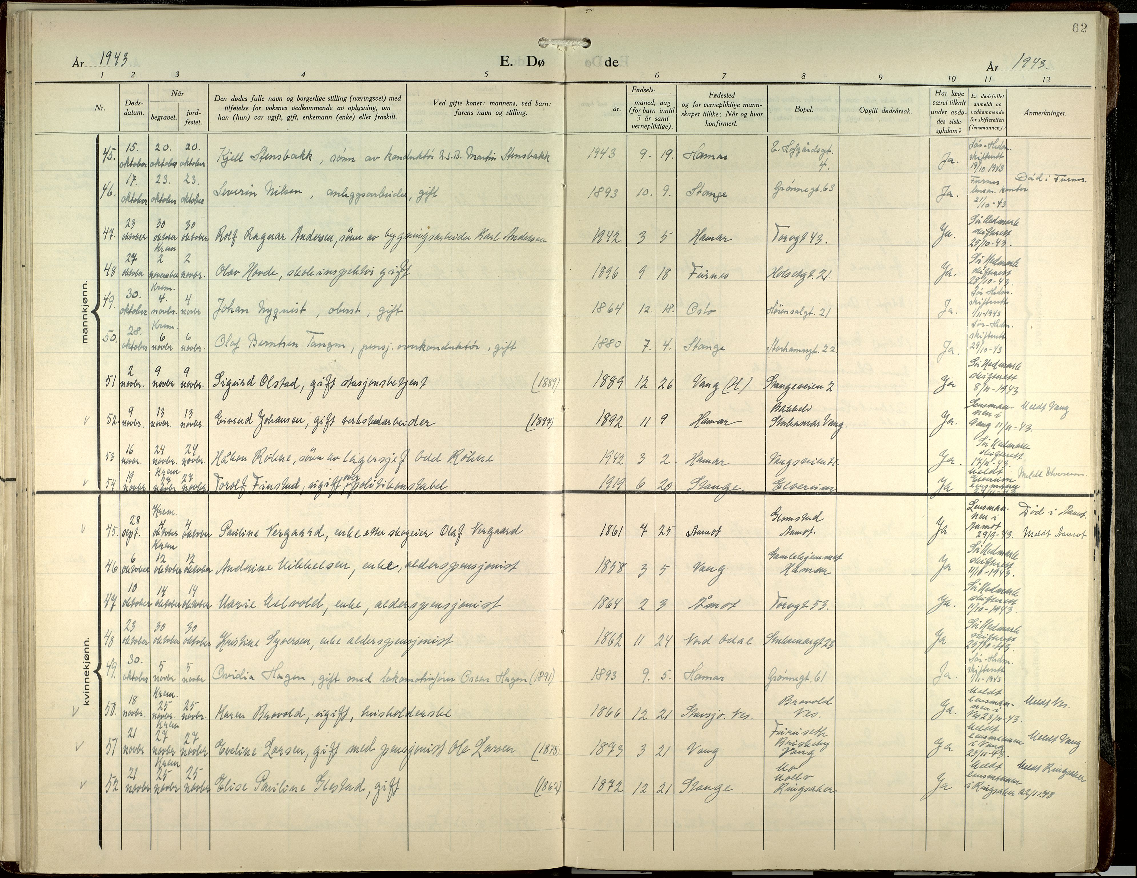 Hamar prestekontor, SAH/DOMPH-002/H/Ha/Haa/L0007: Parish register (official) no. 7, 1933-1953, p. 62