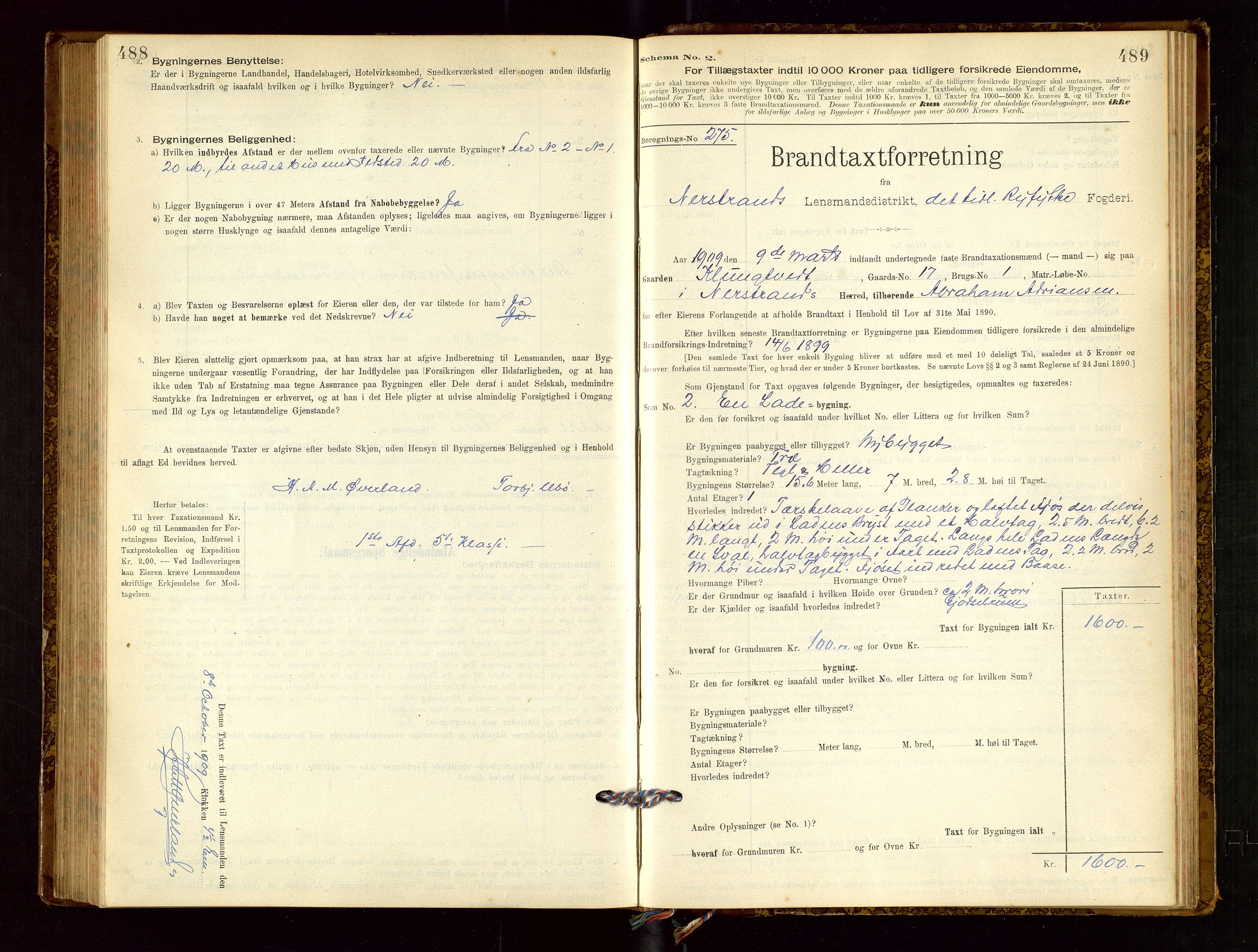 Nedstrand lensmannskontor, SAST/A-100236/Gob/L0001: "Brandtaxationsprotokol for Nerstrand Lensmandsdistrikt Ryfylke fogderi", 1895-1915, p. 488-489