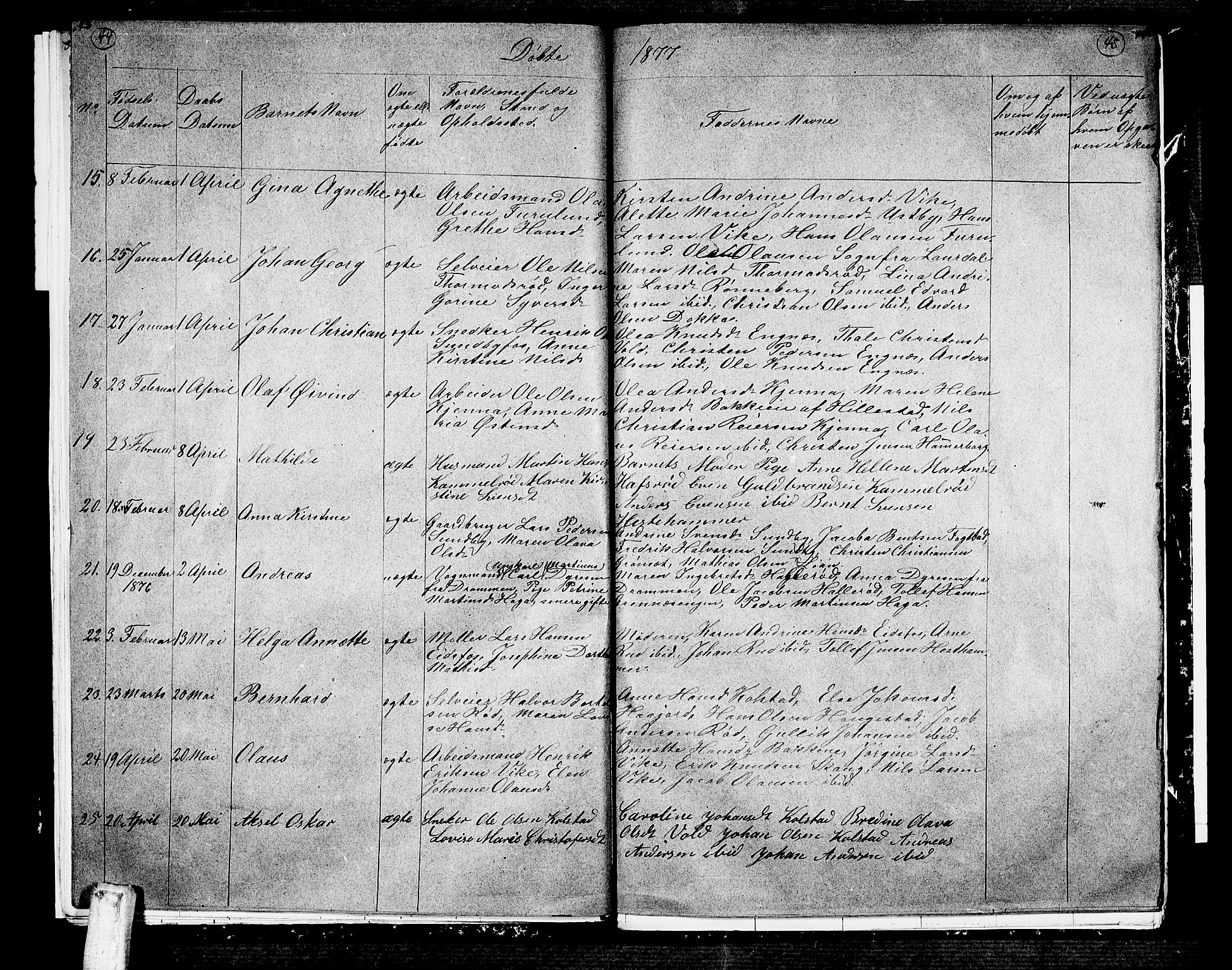 Hof kirkebøker, AV/SAKO-A-64/G/Ga/L0003: Parish register (copy) no. I 3, 1874-1877, p. 44-45