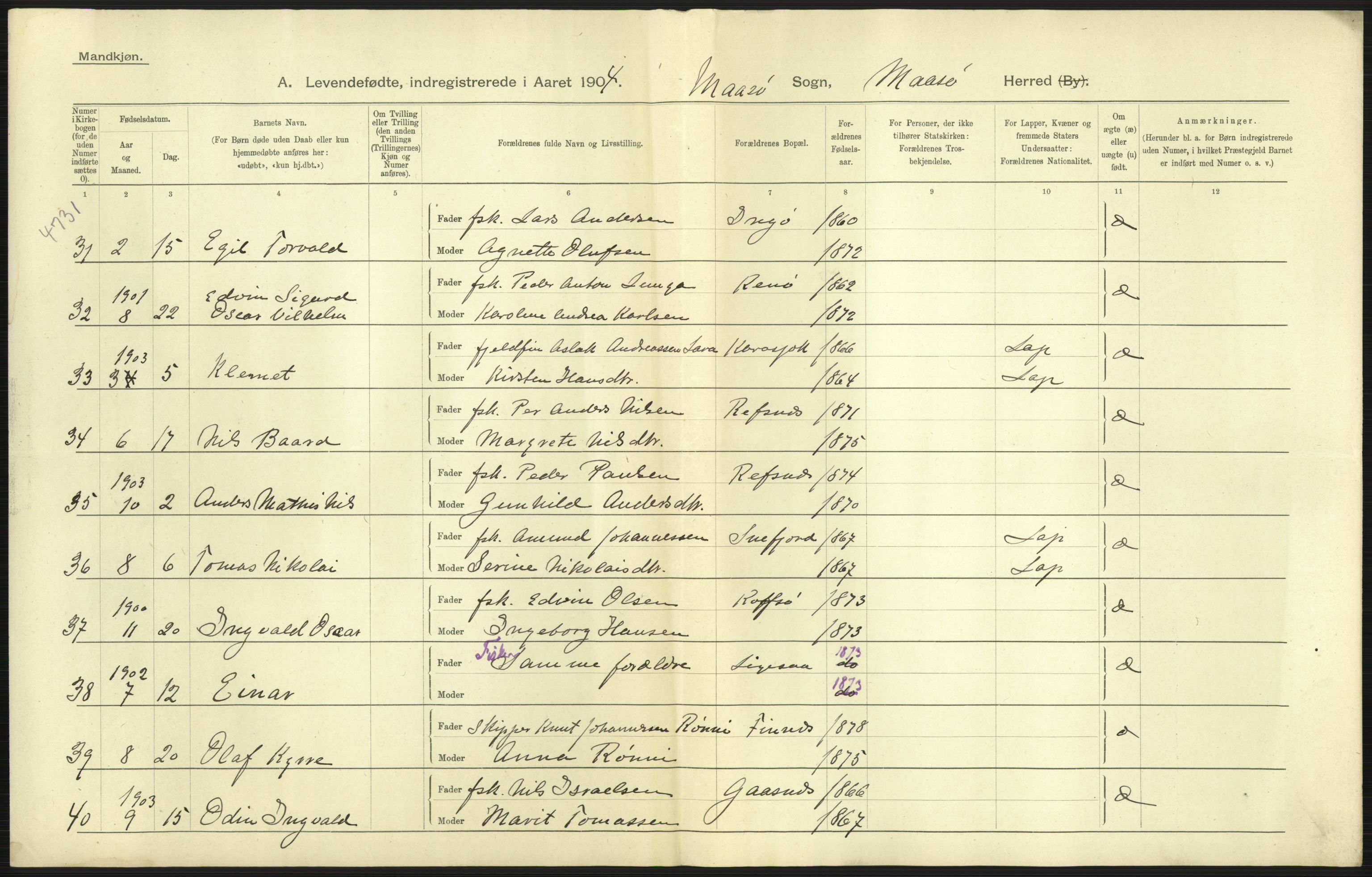 Statistisk sentralbyrå, Sosiodemografiske emner, Befolkning, AV/RA-S-2228/D/Df/Dfa/Dfab/L0023: Finnmarkens amt: Fødte, gifte, døde, 1904, p. 9