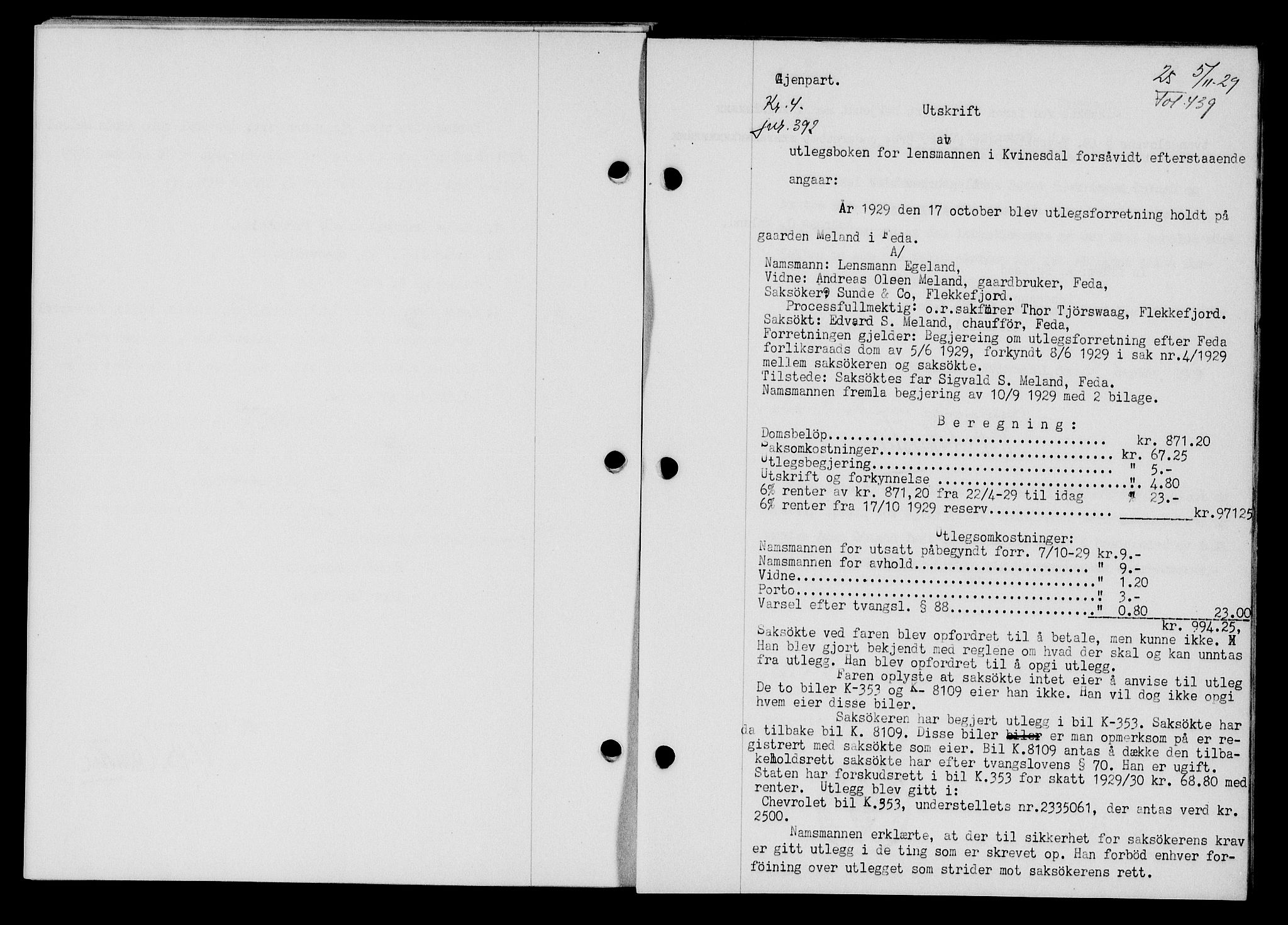 Flekkefjord sorenskriveri, SAK/1221-0001/G/Gb/Gba/L0045: Mortgage book no. 43, 1929-1930, Deed date: 05.11.1929