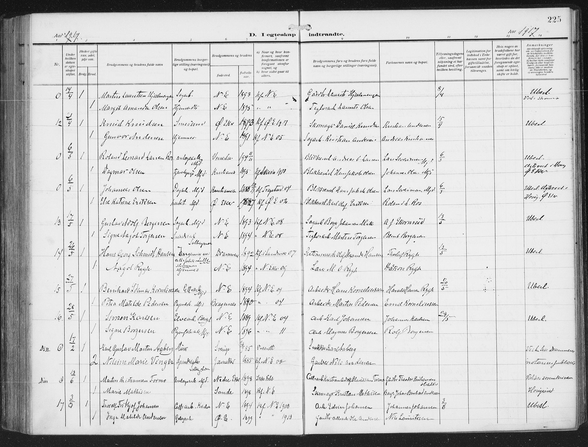 Nedre Eiker kirkebøker, AV/SAKO-A-612/F/Fa/L0007: Parish register (official) no. 7, 1912-1918, p. 225