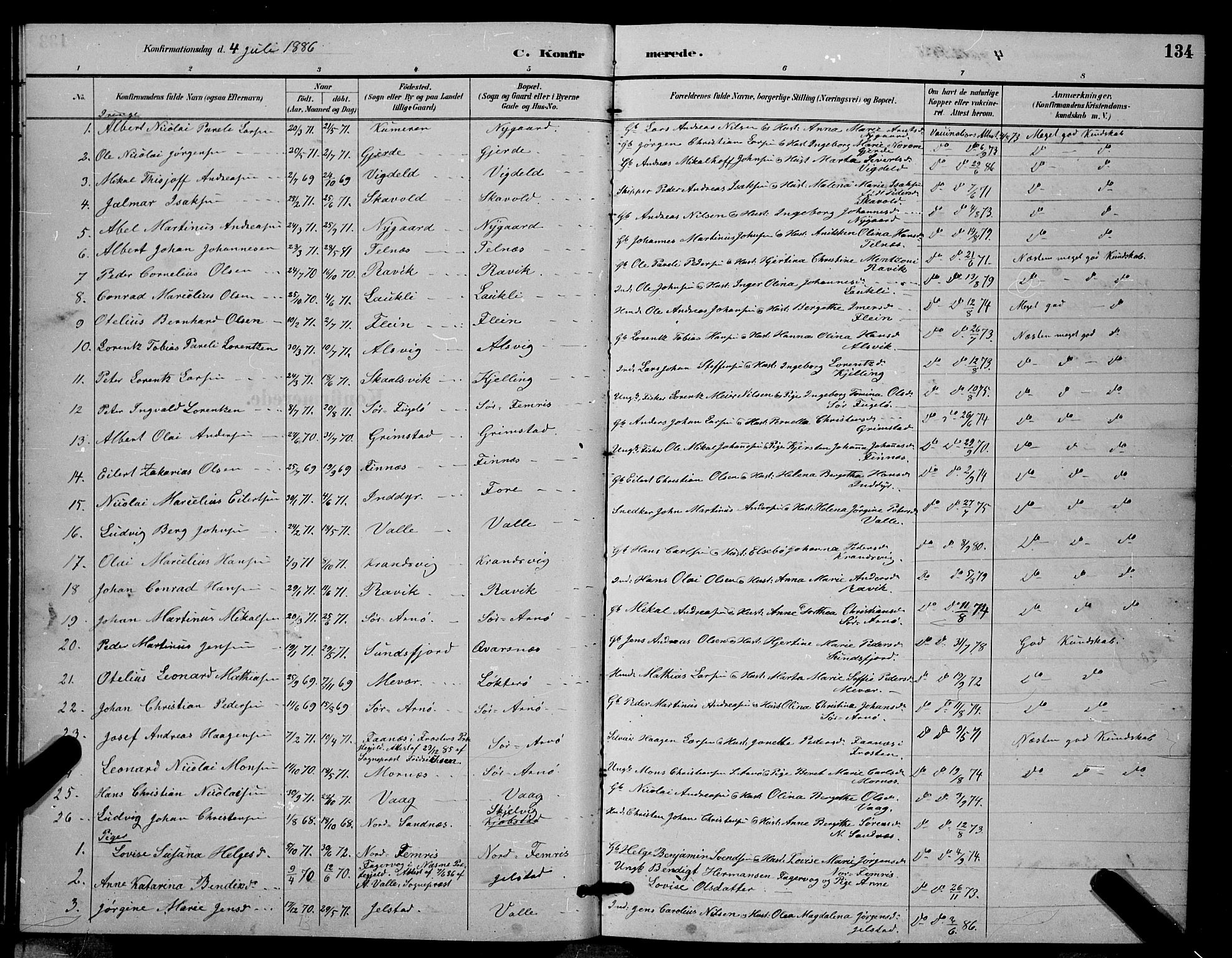 Ministerialprotokoller, klokkerbøker og fødselsregistre - Nordland, AV/SAT-A-1459/805/L0108: Parish register (copy) no. 805C04, 1885-1899, p. 134