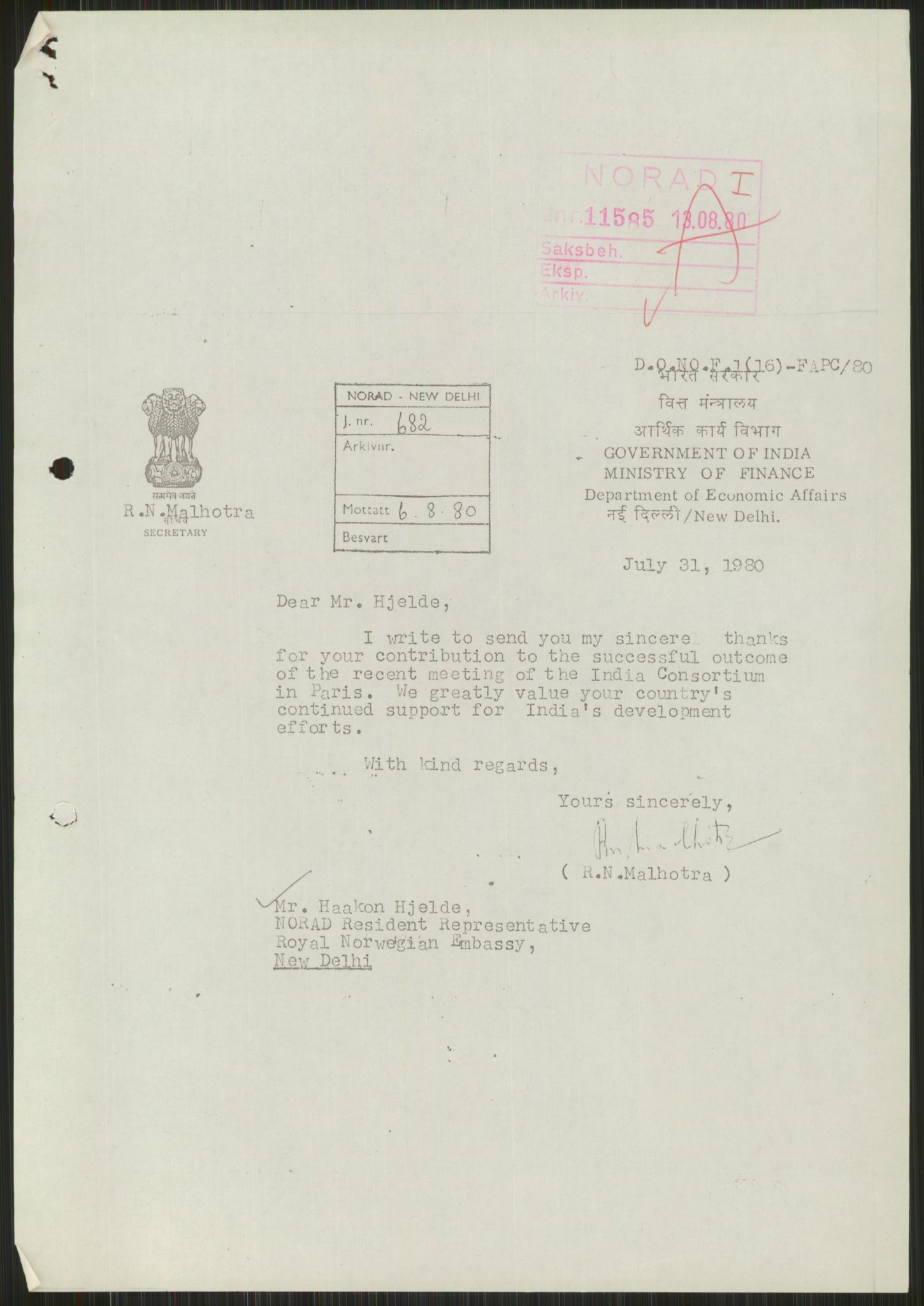 Direktoratet for utviklingshjelp (NORAD), AV/RA-S-6670/E/Ea/Eab/L0077: Asia: India. India-konsortiet, 1969-1980, p. 5