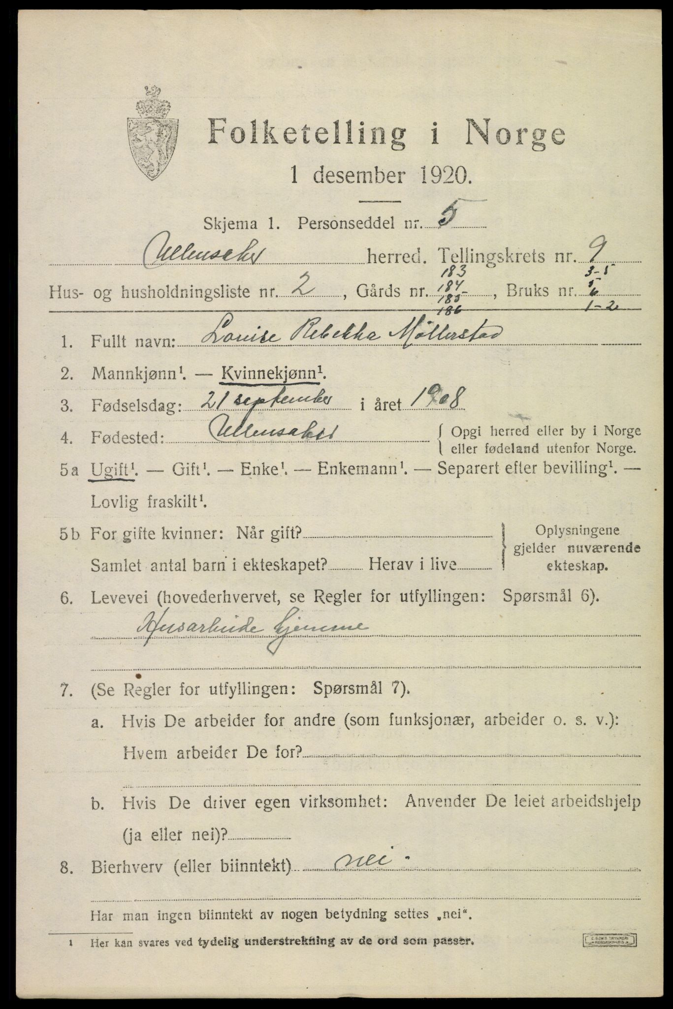 SAO, 1920 census for Ullensaker, 1920, p. 15409