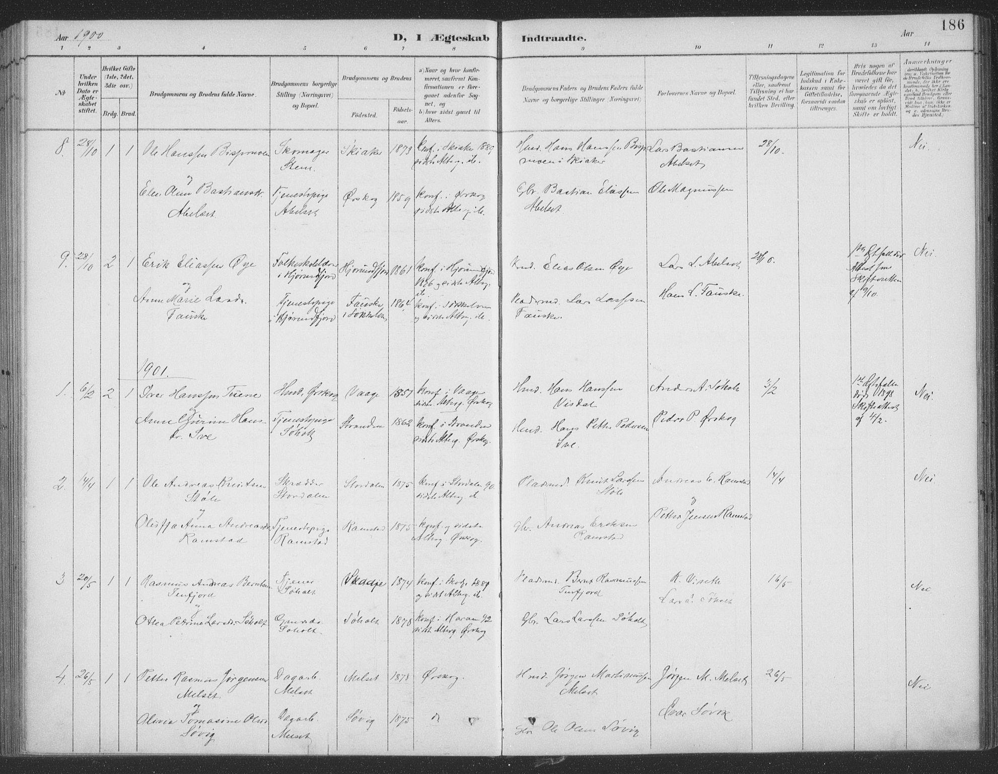 Ministerialprotokoller, klokkerbøker og fødselsregistre - Møre og Romsdal, AV/SAT-A-1454/522/L0316: Parish register (official) no. 522A11, 1890-1911, p. 186