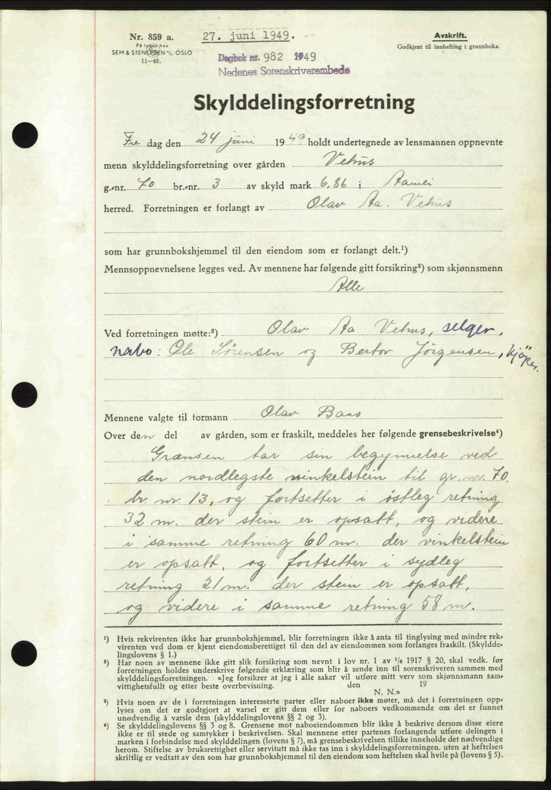 Nedenes sorenskriveri, AV/SAK-1221-0006/G/Gb/Gba/L0060: Mortgage book no. A12, 1948-1949, Diary no: : 982/1949