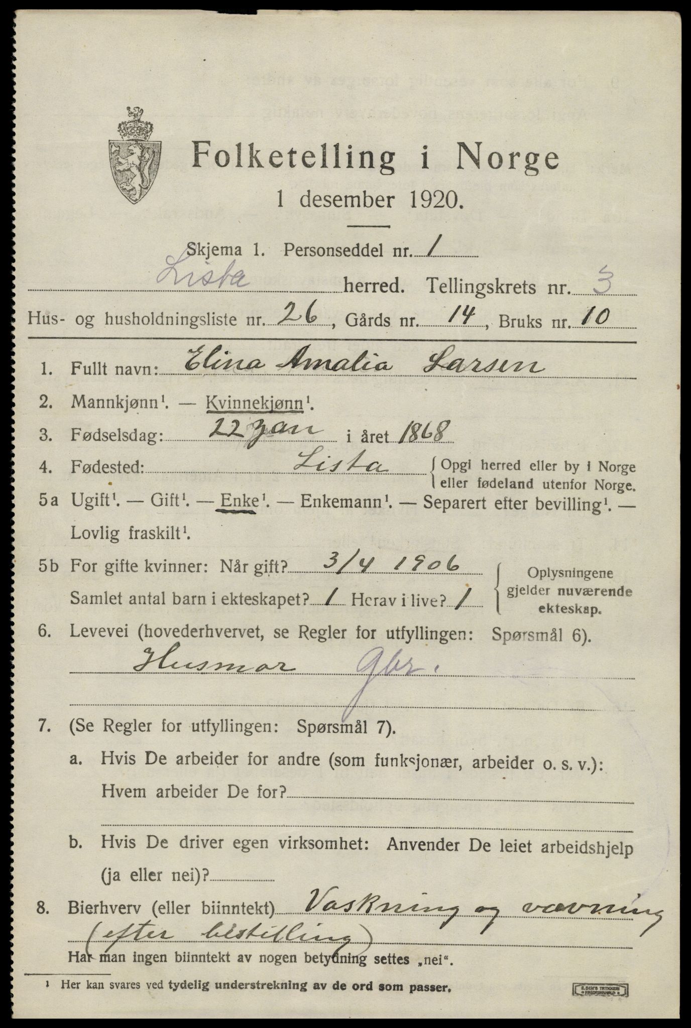 SAK, 1920 census for Lista, 1920, p. 4687